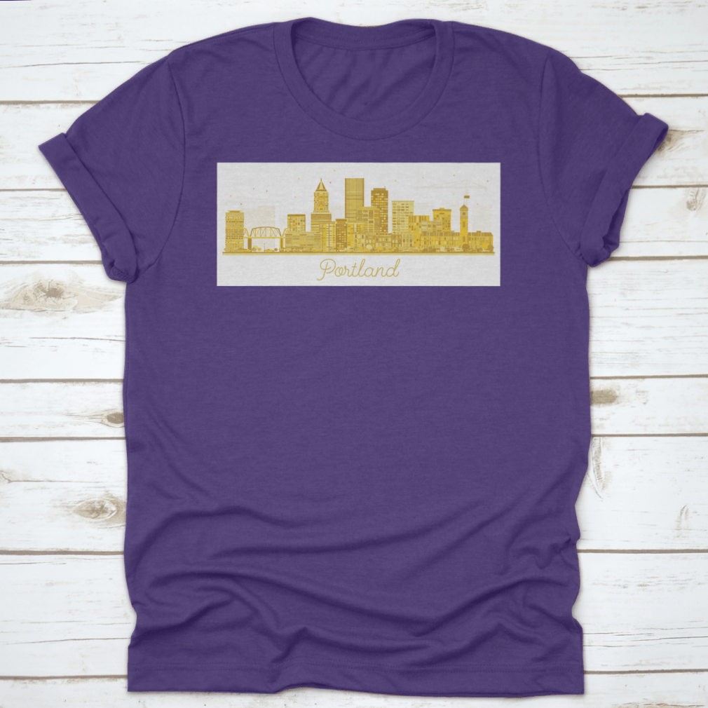 Portland Oregon City Skyline t-shirt featuring golden buildings on a white background, showcasing a unique urban design.