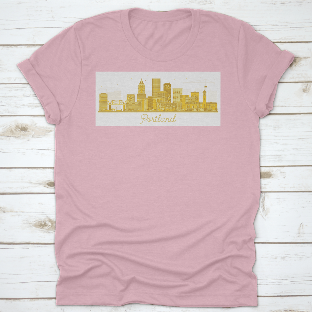 Portland Oregon City Skyline t-shirt featuring golden buildings on a white background, showcasing a unique urban design.