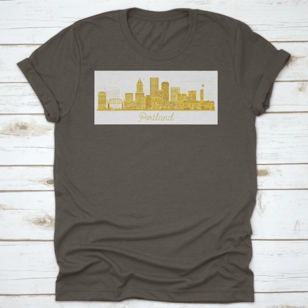 Portland Oregon City Skyline t-shirt featuring golden buildings on a white background, showcasing a unique urban design.