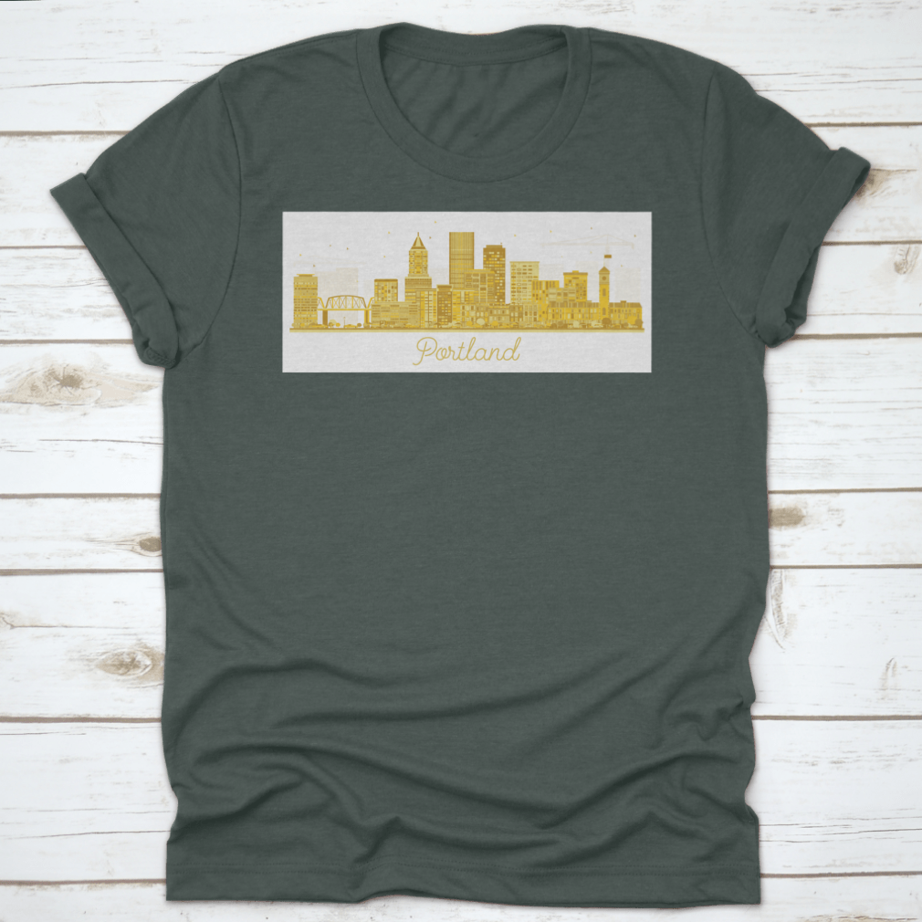 Portland Oregon City Skyline t-shirt featuring golden buildings on a white background, showcasing a unique urban design.