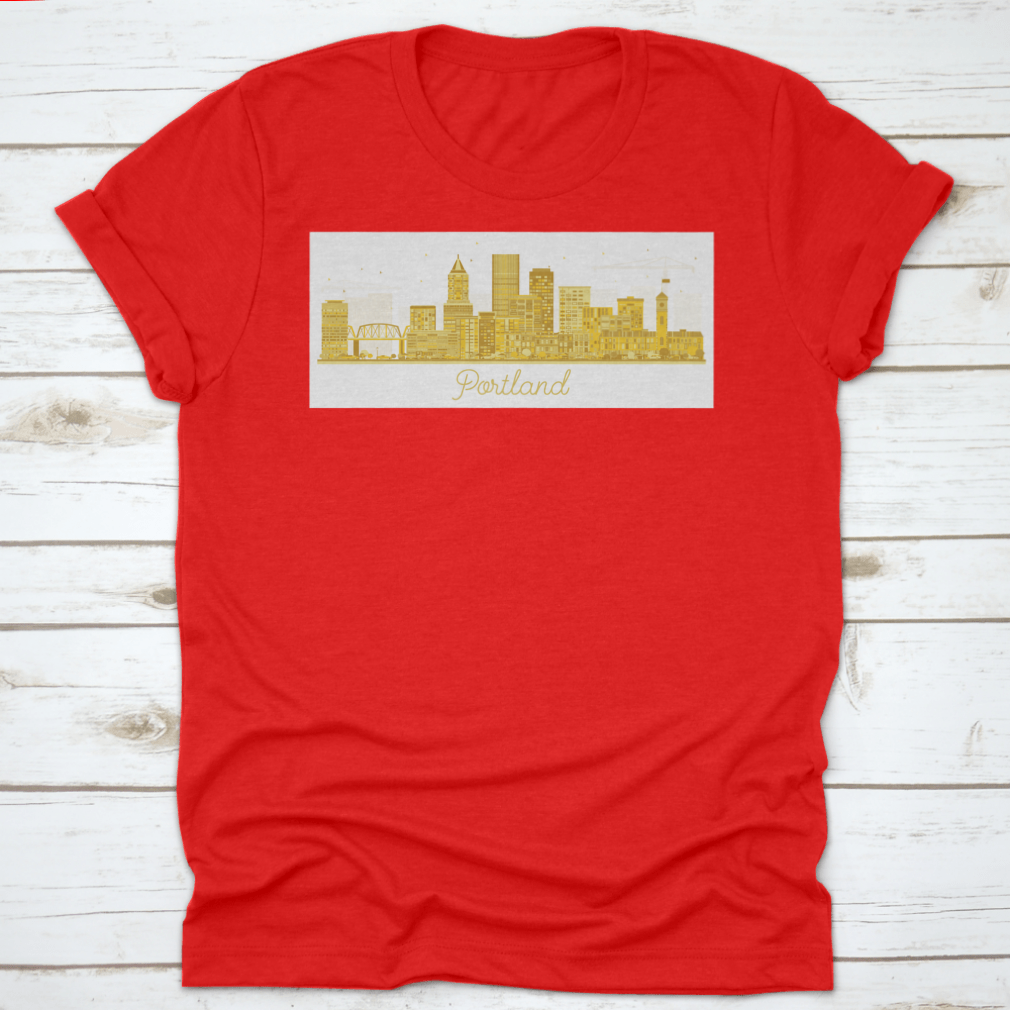 Portland Oregon City Skyline t-shirt featuring golden buildings on a white background, showcasing a unique urban design.