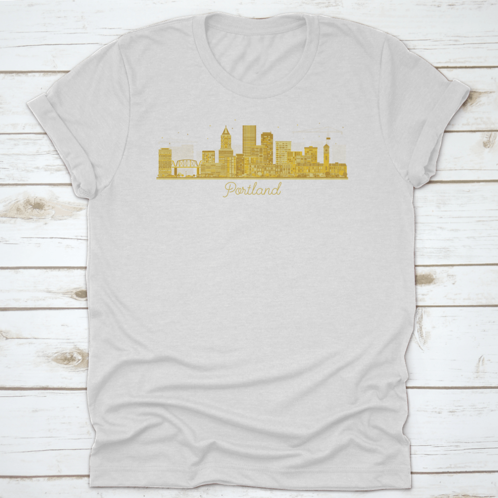 Portland Oregon City Skyline t-shirt featuring golden buildings on a white background, showcasing a unique urban design.