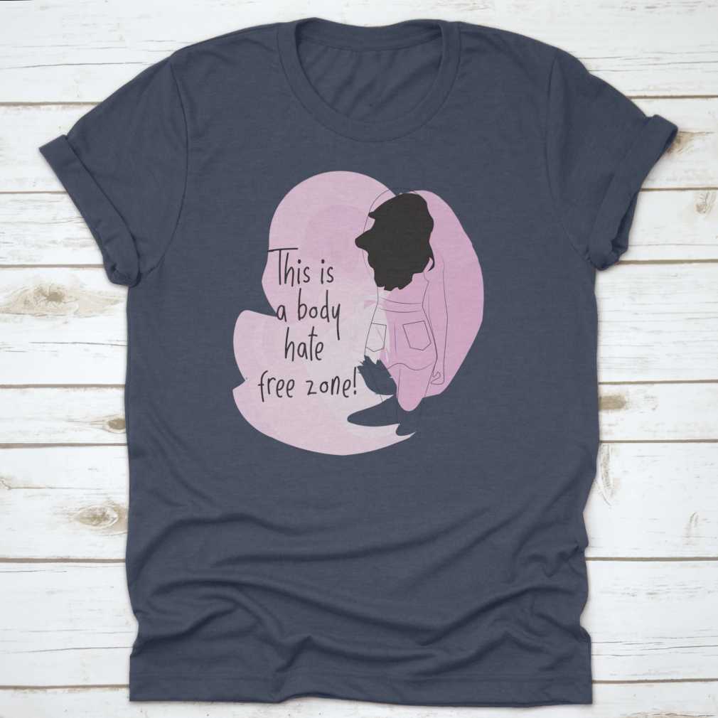 A stylish t-shirt featuring a Positive Body Image Quote with a line drawing of a lady and a vibrant watercolor design.