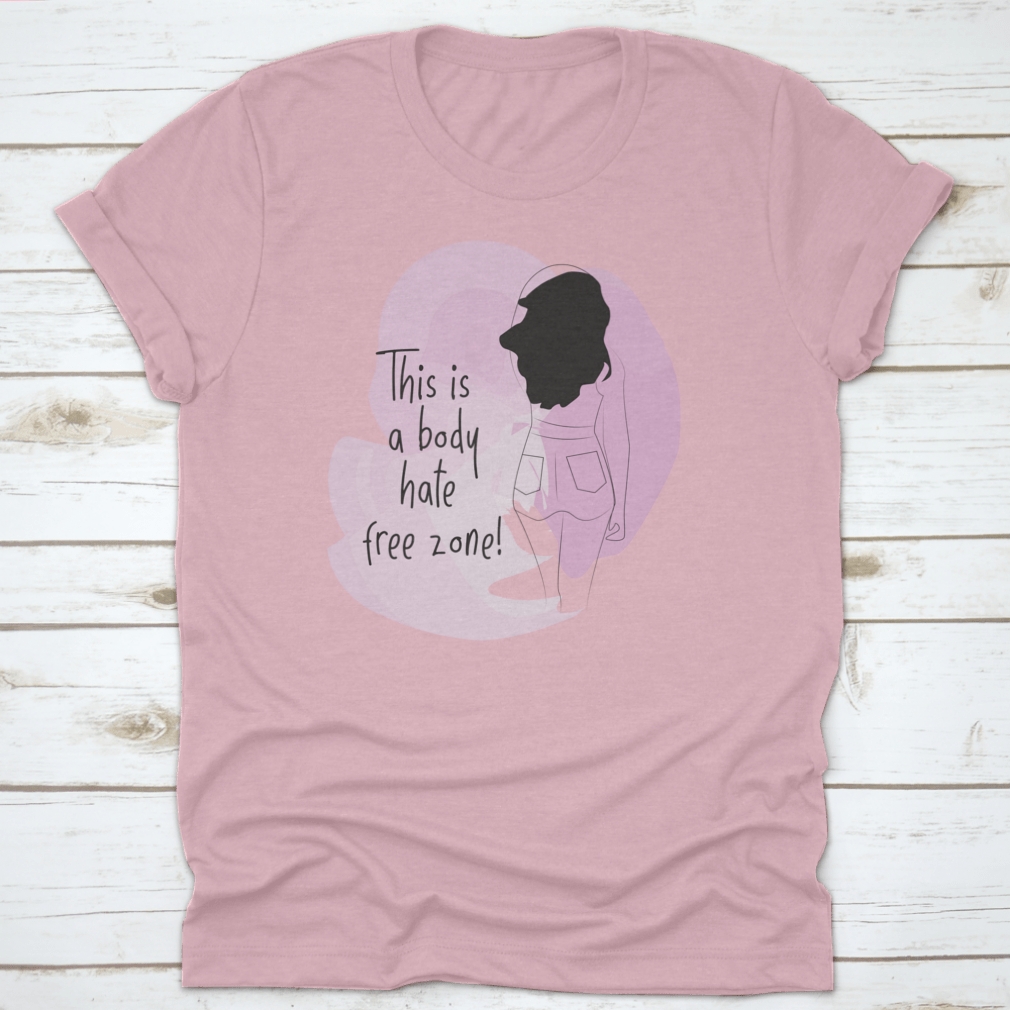 A stylish t-shirt featuring a Positive Body Image Quote with a line drawing of a lady and a vibrant watercolor design.