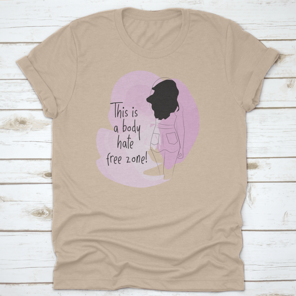 A stylish t-shirt featuring a Positive Body Image Quote with a line drawing of a lady and a vibrant watercolor design.