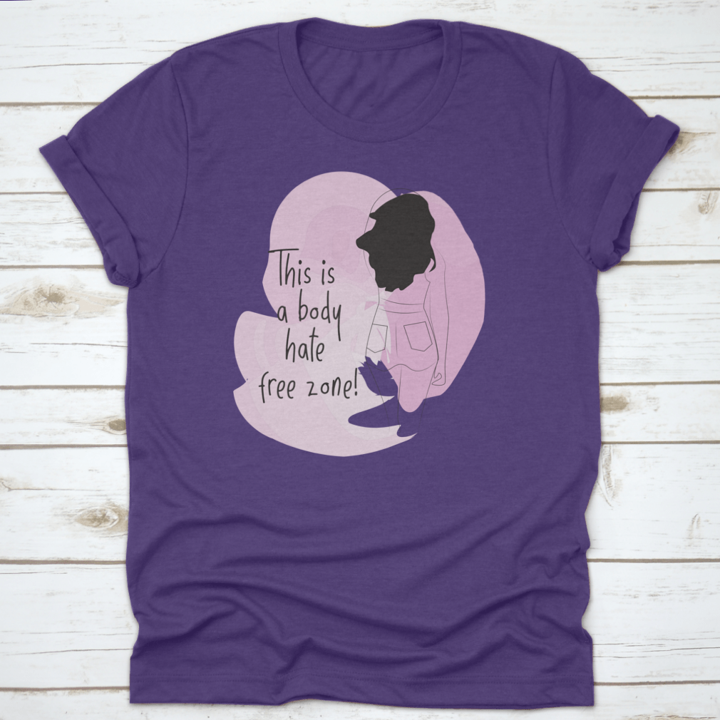 A stylish t-shirt featuring a Positive Body Image Quote with a line drawing of a lady and a vibrant watercolor design.