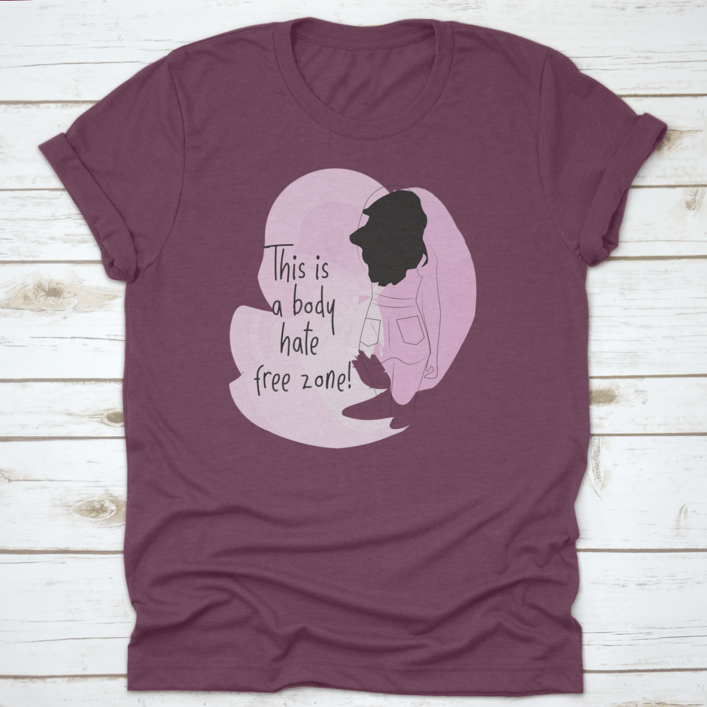 A stylish t-shirt featuring a Positive Body Image Quote with a line drawing of a lady and a vibrant watercolor design.
