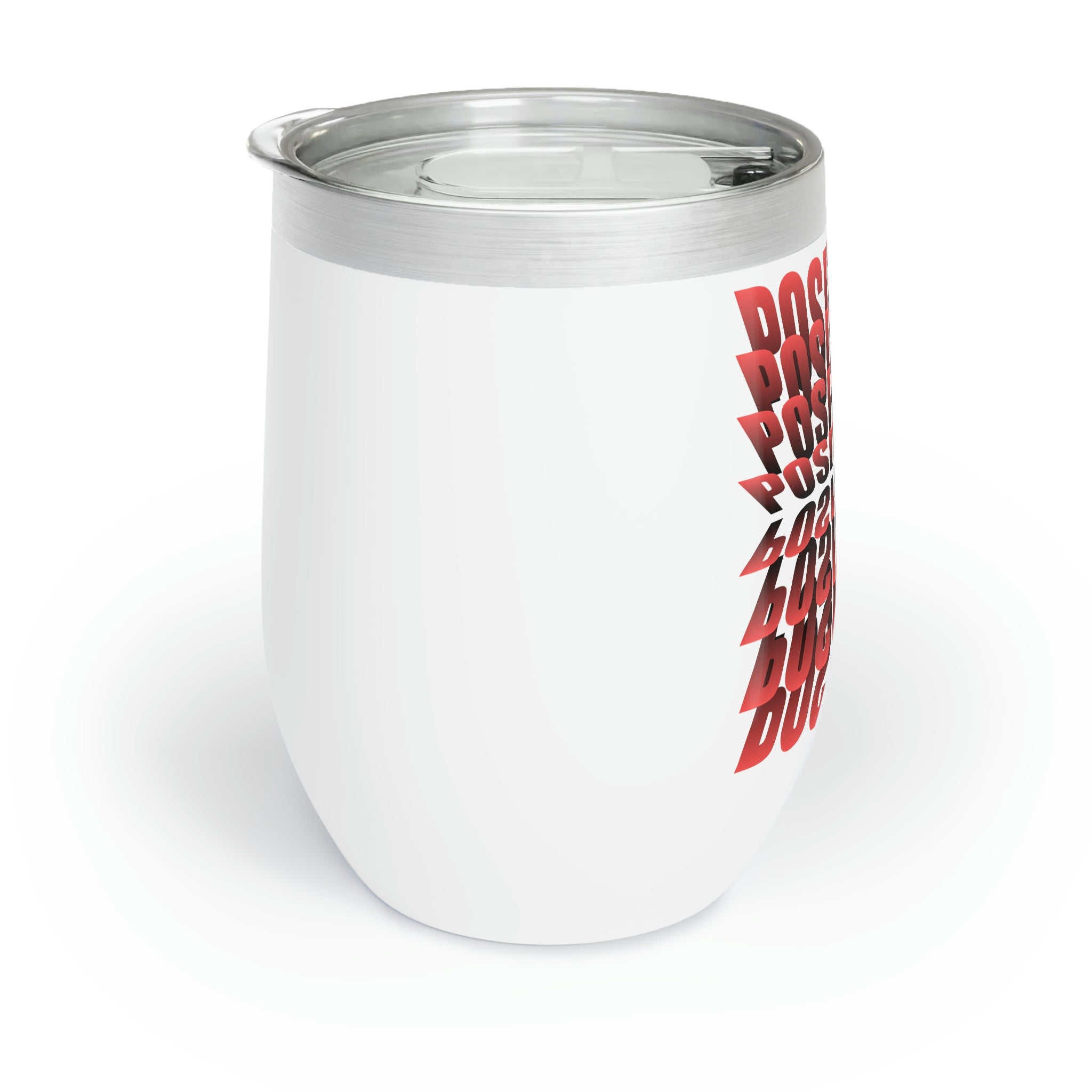 Positive Chill Wine Tumbler in stainless steel with customizable design, showcasing its double-insulated walls and stemless shape.