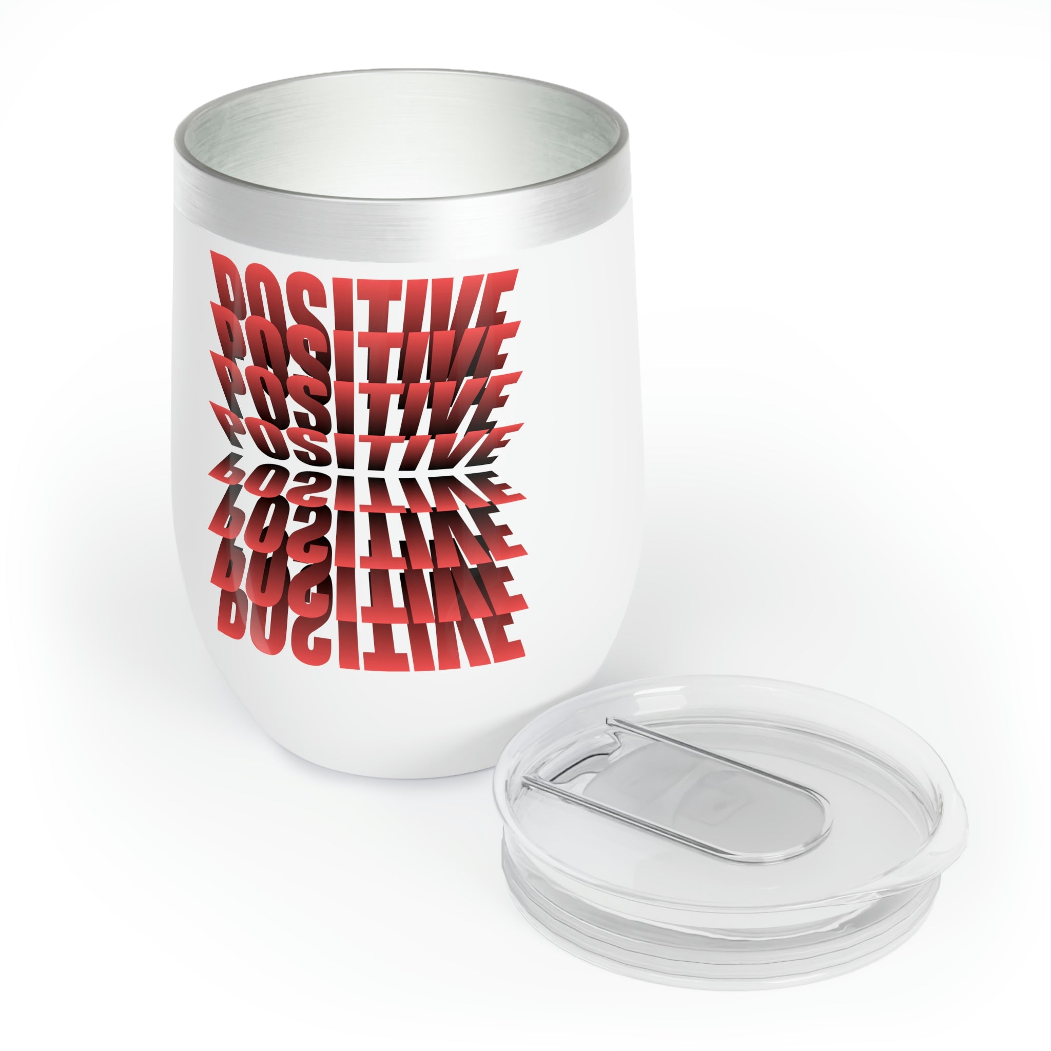 Positive Chill Wine Tumbler in stainless steel with customizable design, showcasing its double-insulated walls and stemless shape.