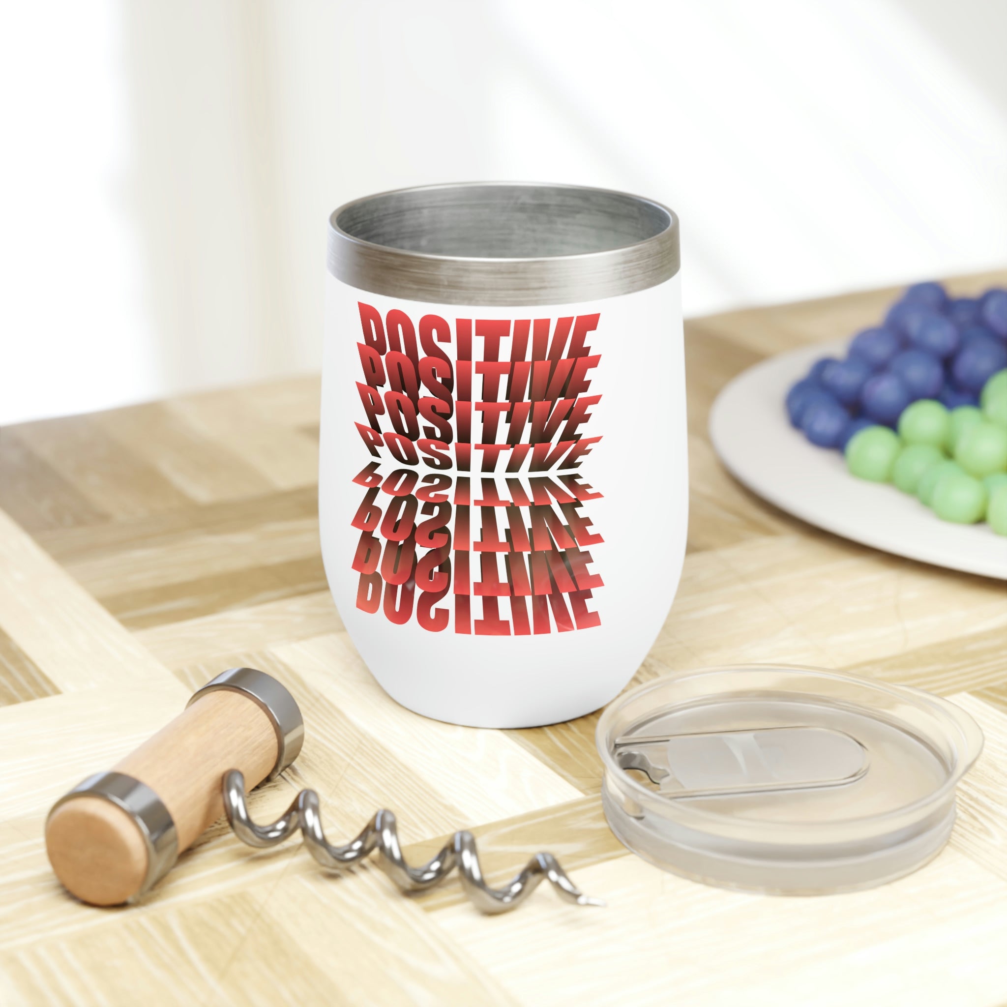 Positive Chill Wine Tumbler in stainless steel with customizable design, showcasing its double-insulated walls and stemless shape.