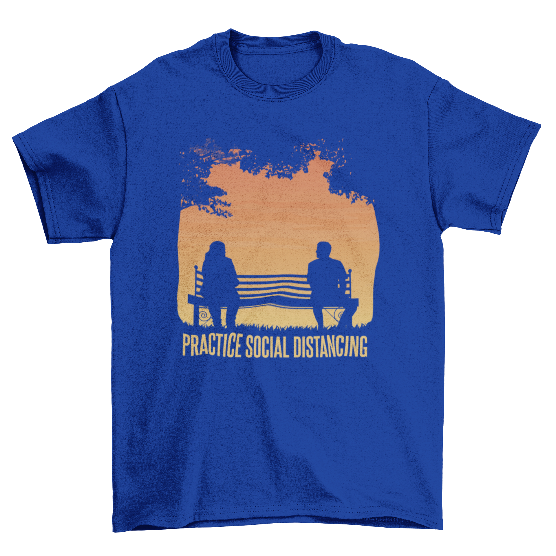 A stylish t-shirt featuring the caption 'Practice Social Distancing' in bold letters, promoting health awareness.