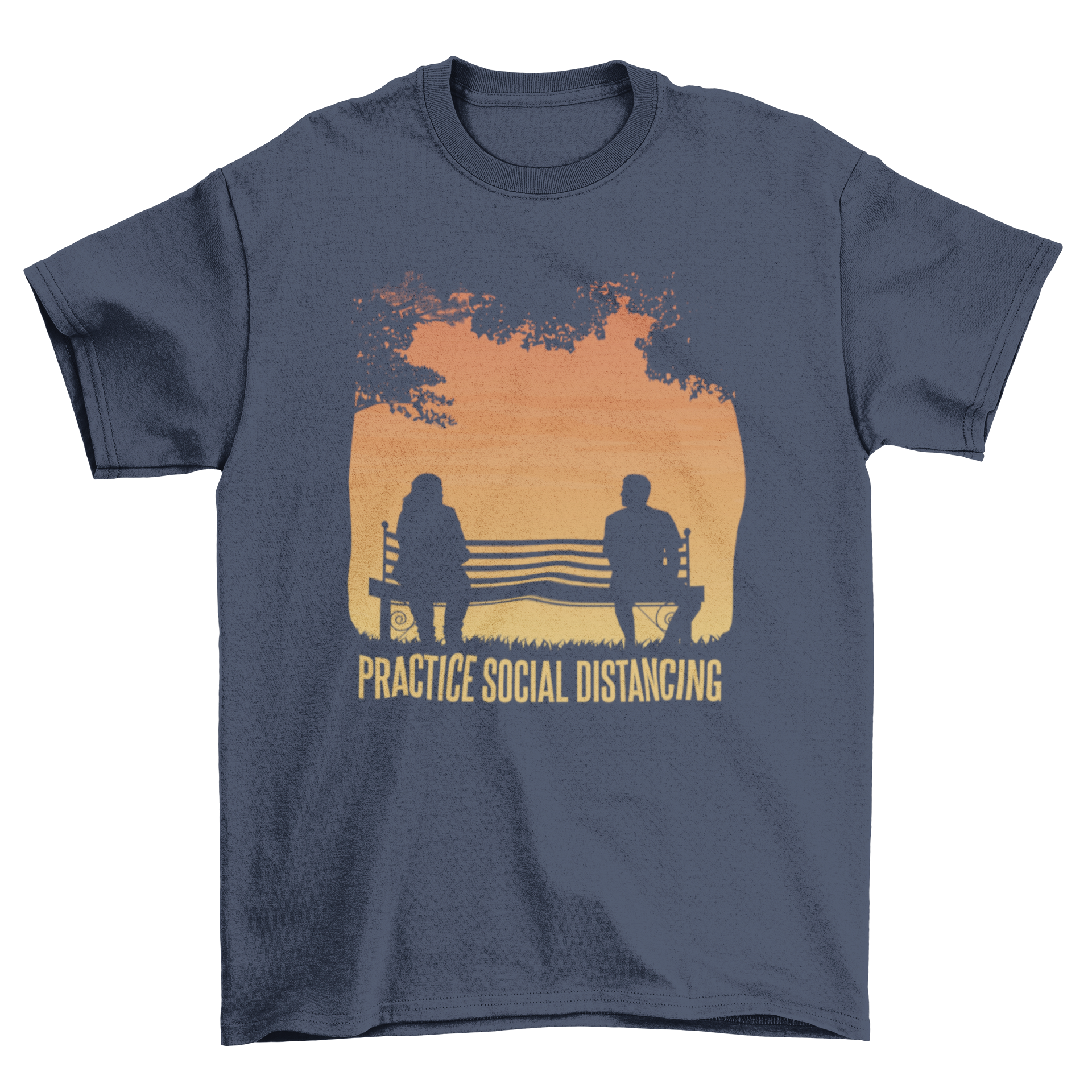 A stylish t-shirt featuring the caption 'Practice Social Distancing' in bold letters, promoting health awareness.