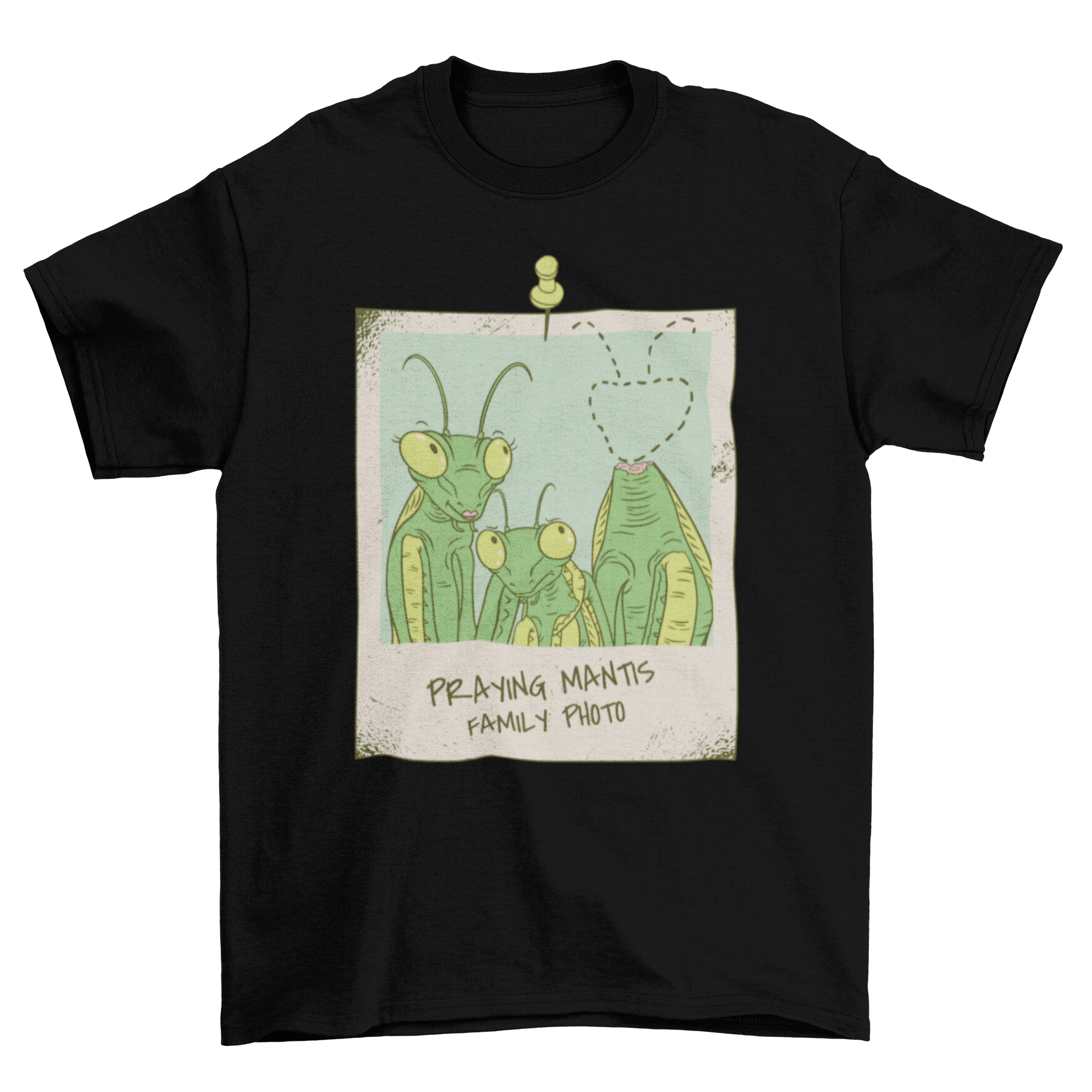 A stylish t-shirt featuring a quirky design of a praying mantis family photo, with the father mantis humorously depicted without a head.