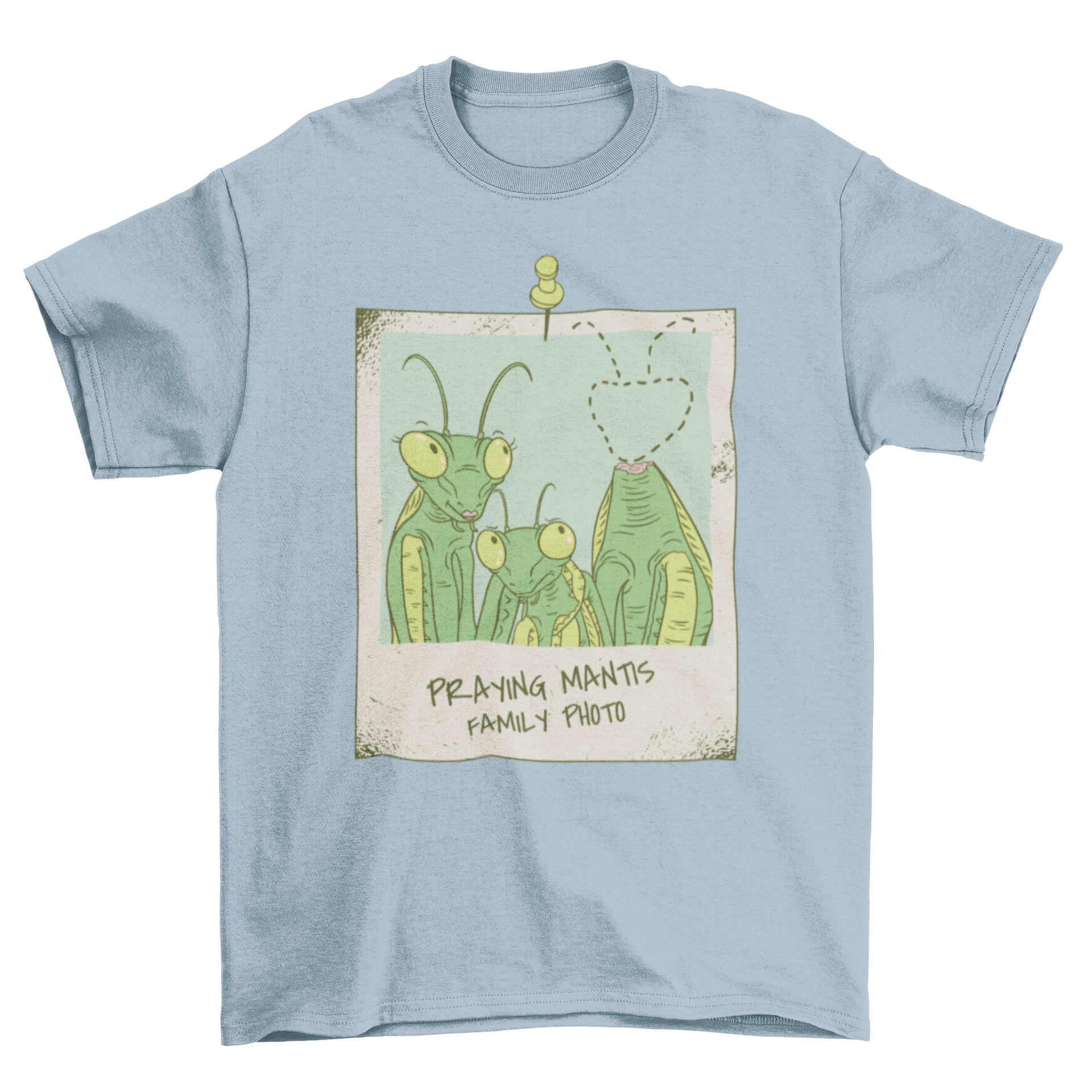 A stylish t-shirt featuring a quirky design of a praying mantis family photo, with the father mantis humorously depicted without a head.