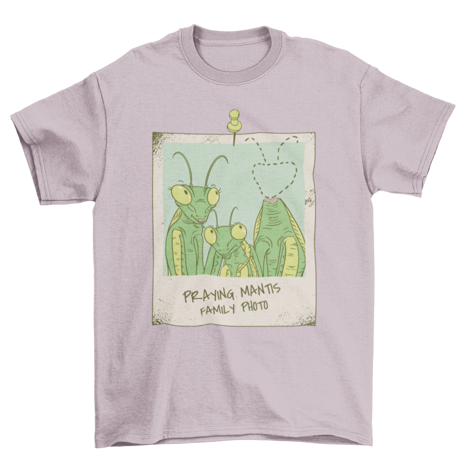 A stylish t-shirt featuring a quirky design of a praying mantis family photo, with the father mantis humorously depicted without a head.