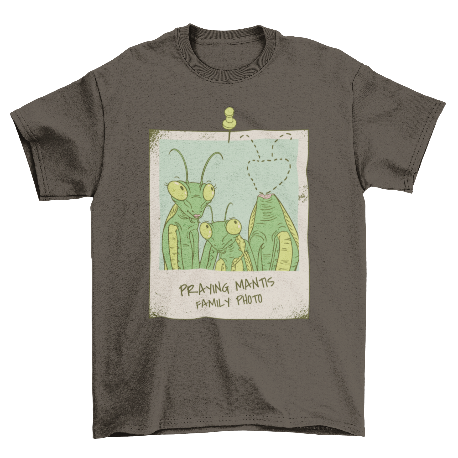 A stylish t-shirt featuring a quirky design of a praying mantis family photo, with the father mantis humorously depicted without a head.