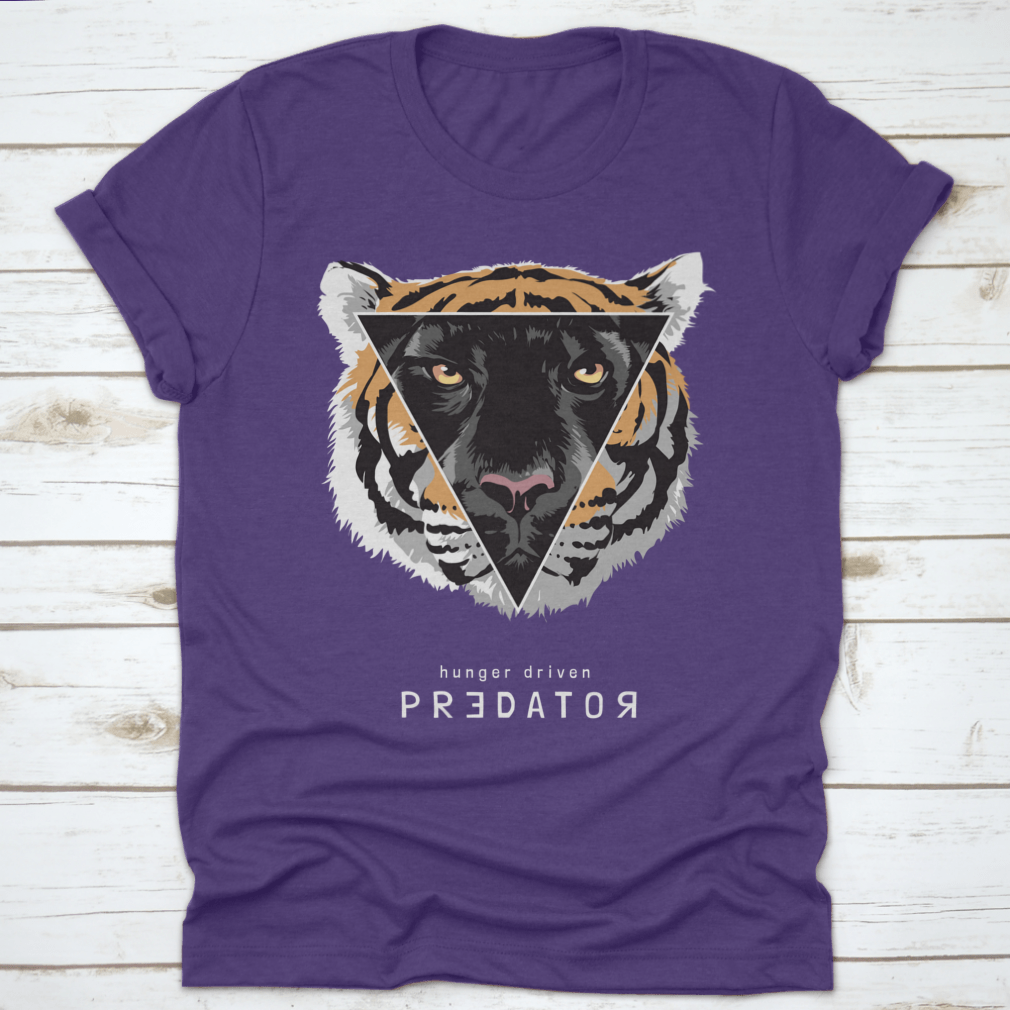 A stylish t-shirt featuring a panther face in a triangle frame on a tiger head design, showcasing vibrant colors and intricate details.