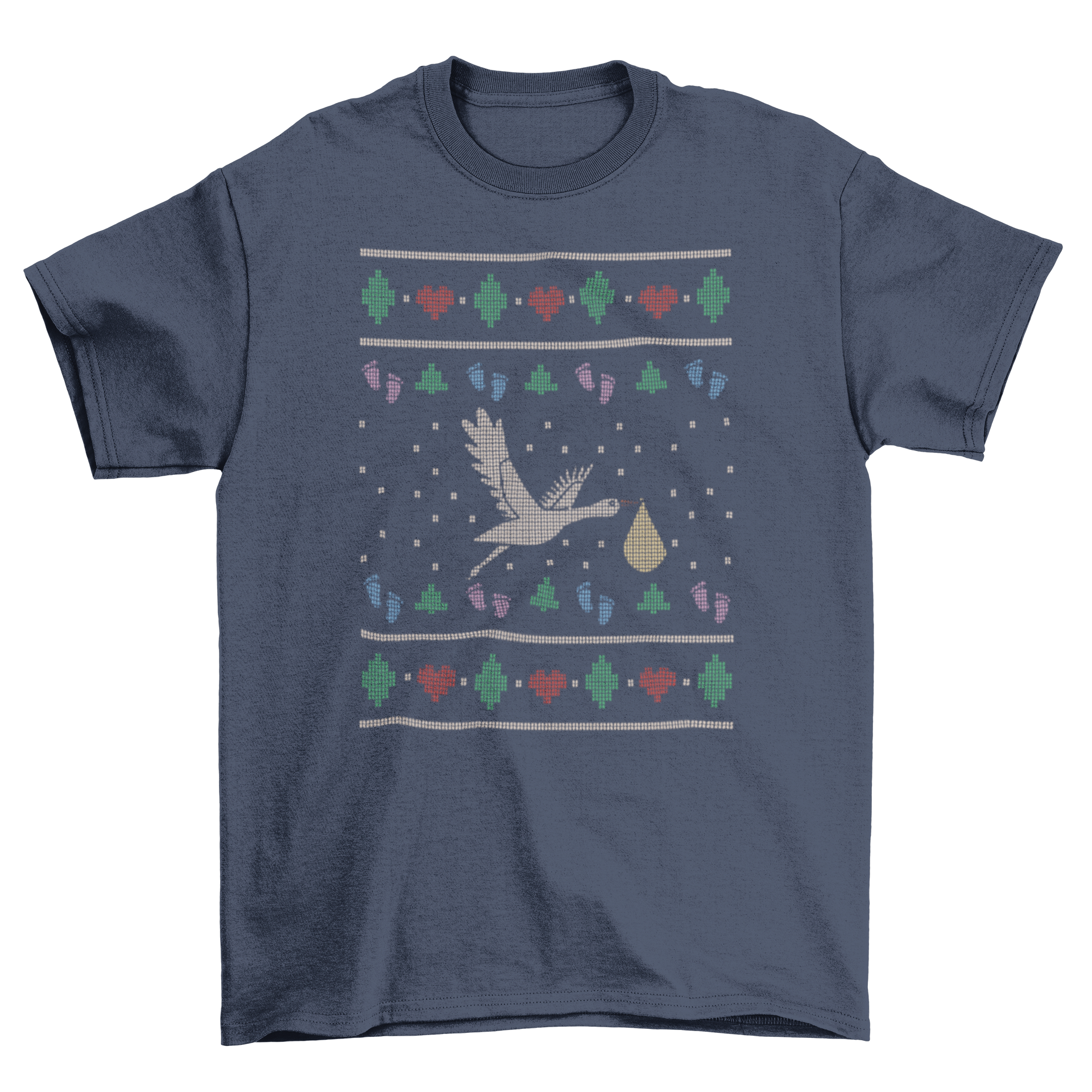 A stylish t-shirt featuring a pixel art design of a pregnant stork carrying a package, showcasing a modern and whimsical aesthetic.