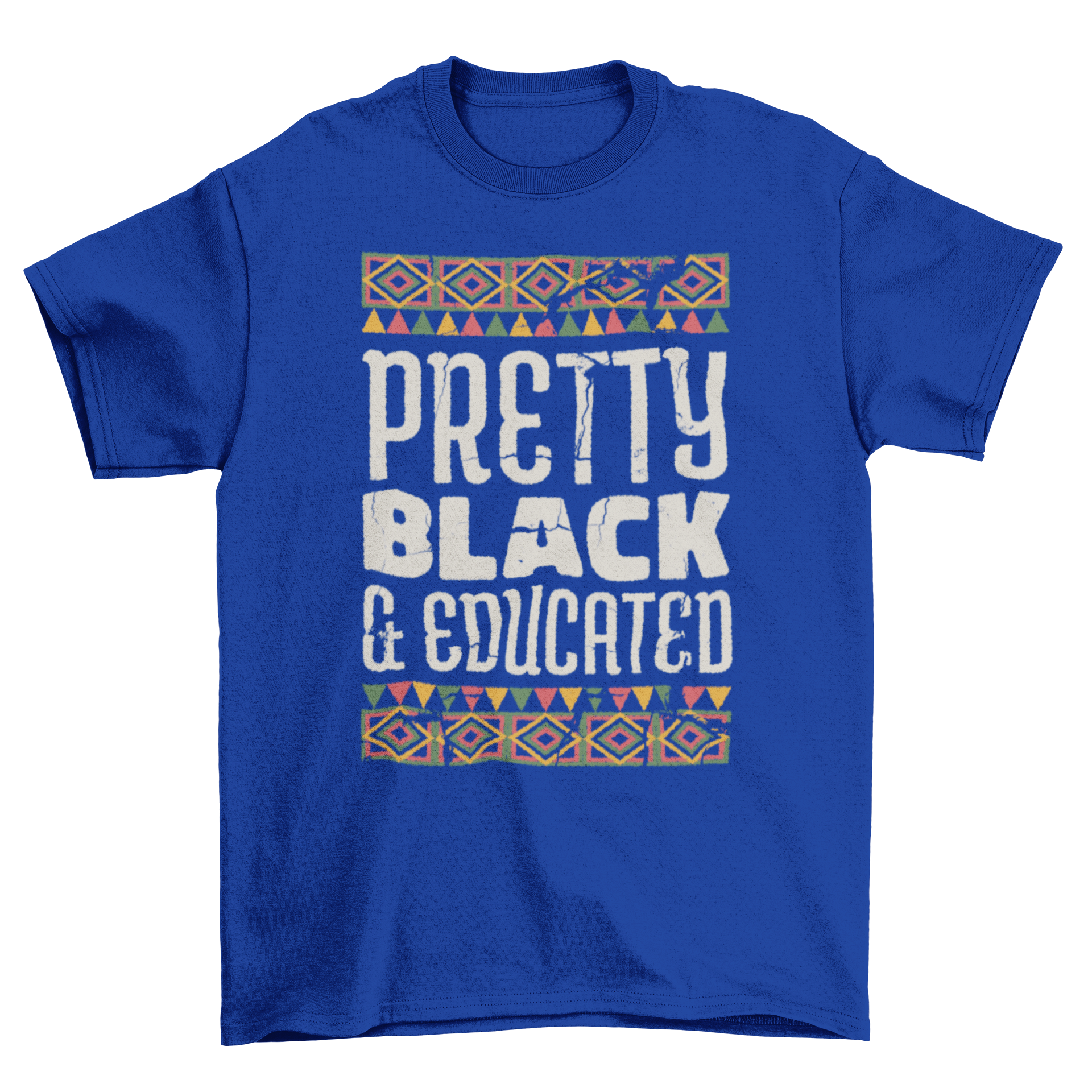 A stylish black t-shirt featuring the quote 'Pretty black and educated' with colorful African motifs.