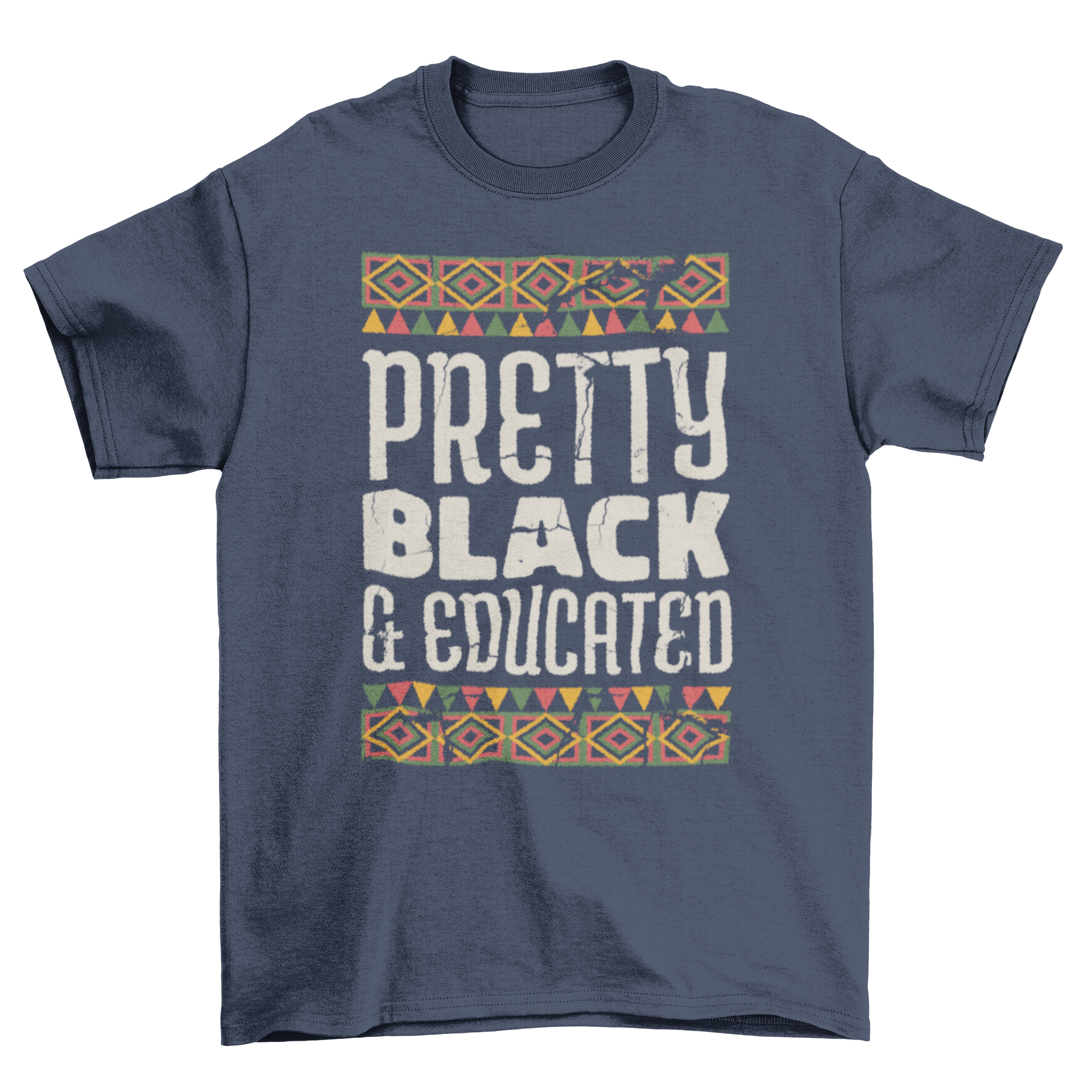 A stylish black t-shirt featuring the quote 'Pretty black and educated' with colorful African motifs.
