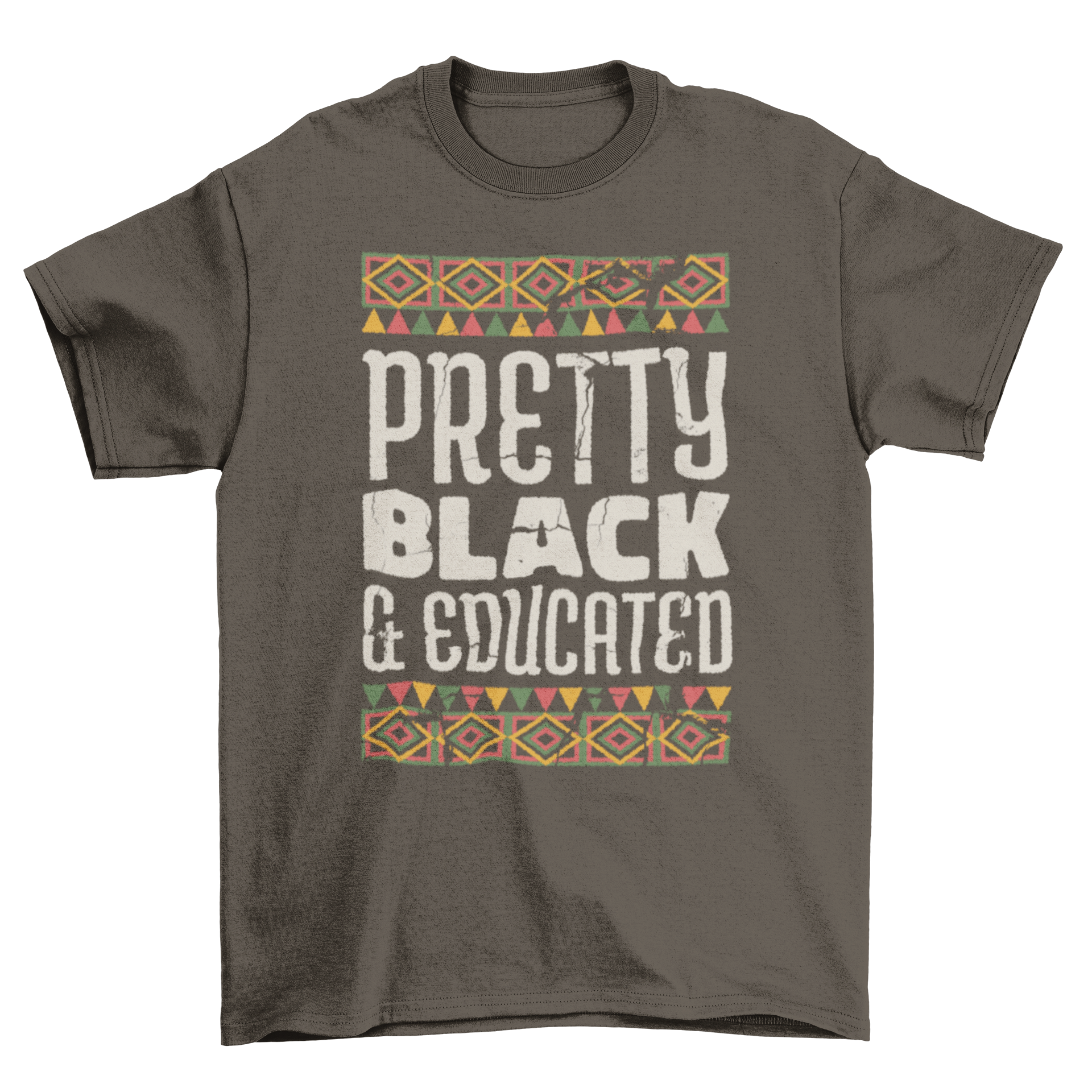 A stylish black t-shirt featuring the quote 'Pretty black and educated' with colorful African motifs.
