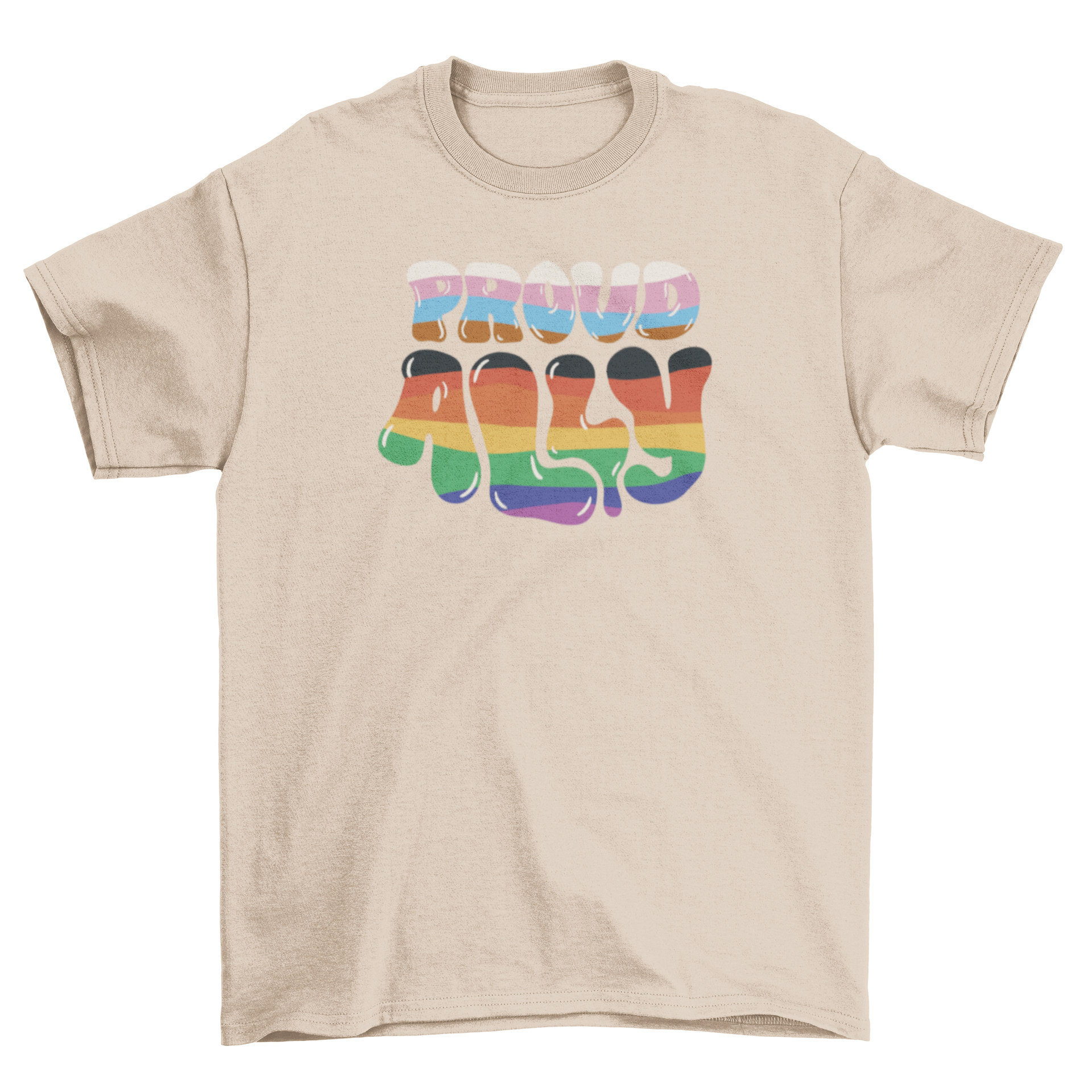 A stylish t-shirt featuring the quote 'Proud ally' in vibrant colors, symbolizing support for the LGBTQ+ community.