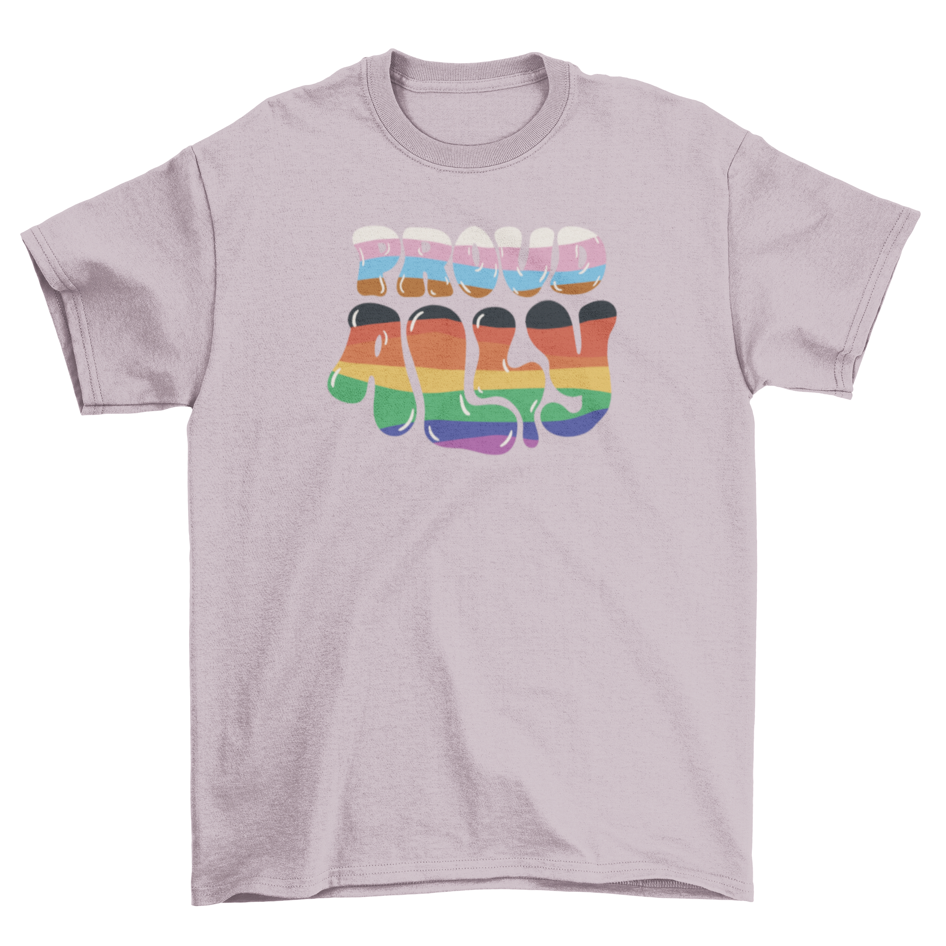 A stylish t-shirt featuring the quote 'Proud ally' in vibrant colors, symbolizing support for the LGBTQ+ community.