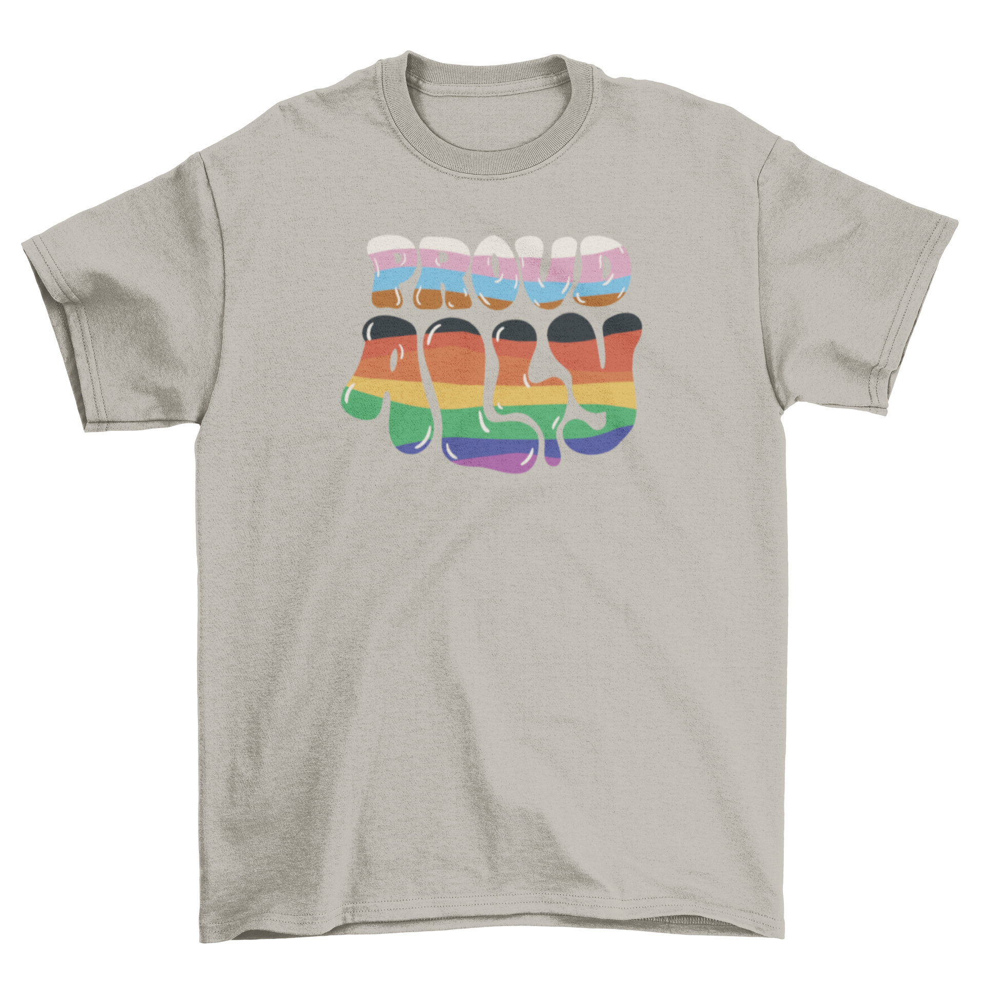 A stylish t-shirt featuring the quote 'Proud ally' in vibrant colors, symbolizing support for the LGBTQ+ community.