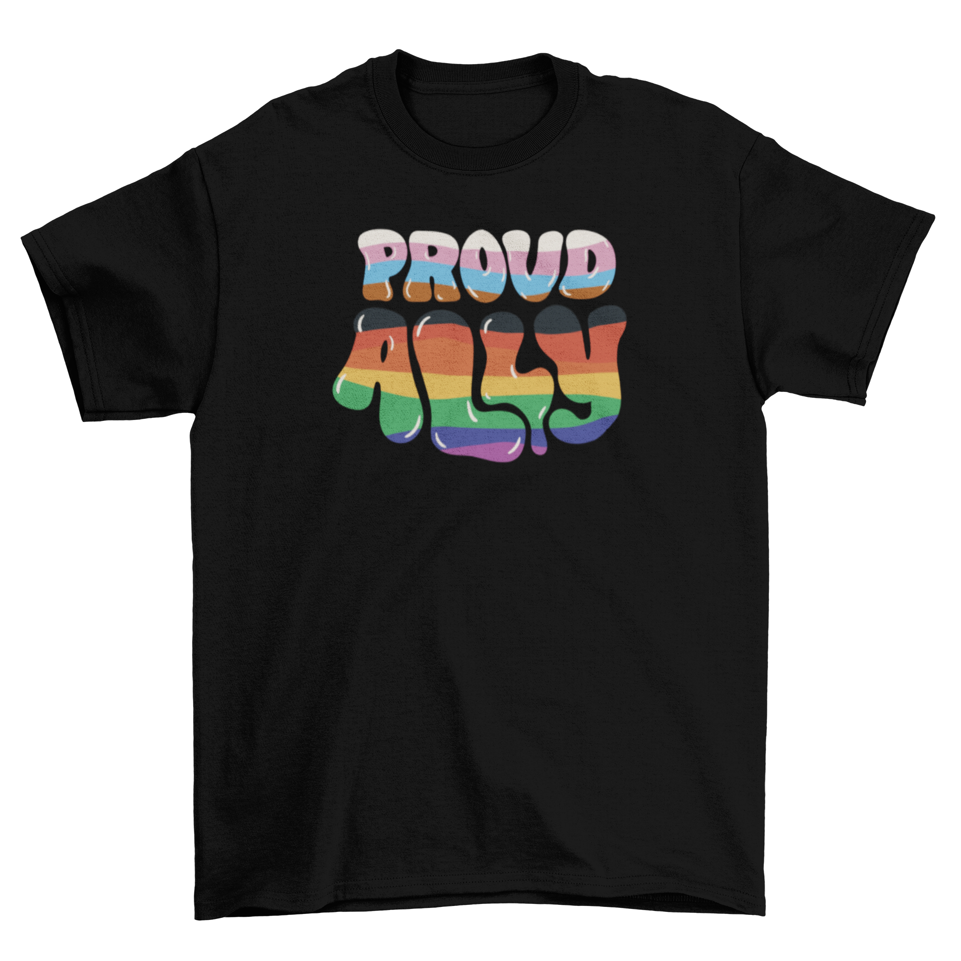 A stylish t-shirt featuring the quote 'Proud ally' in vibrant colors, symbolizing support for the LGBTQ+ community.