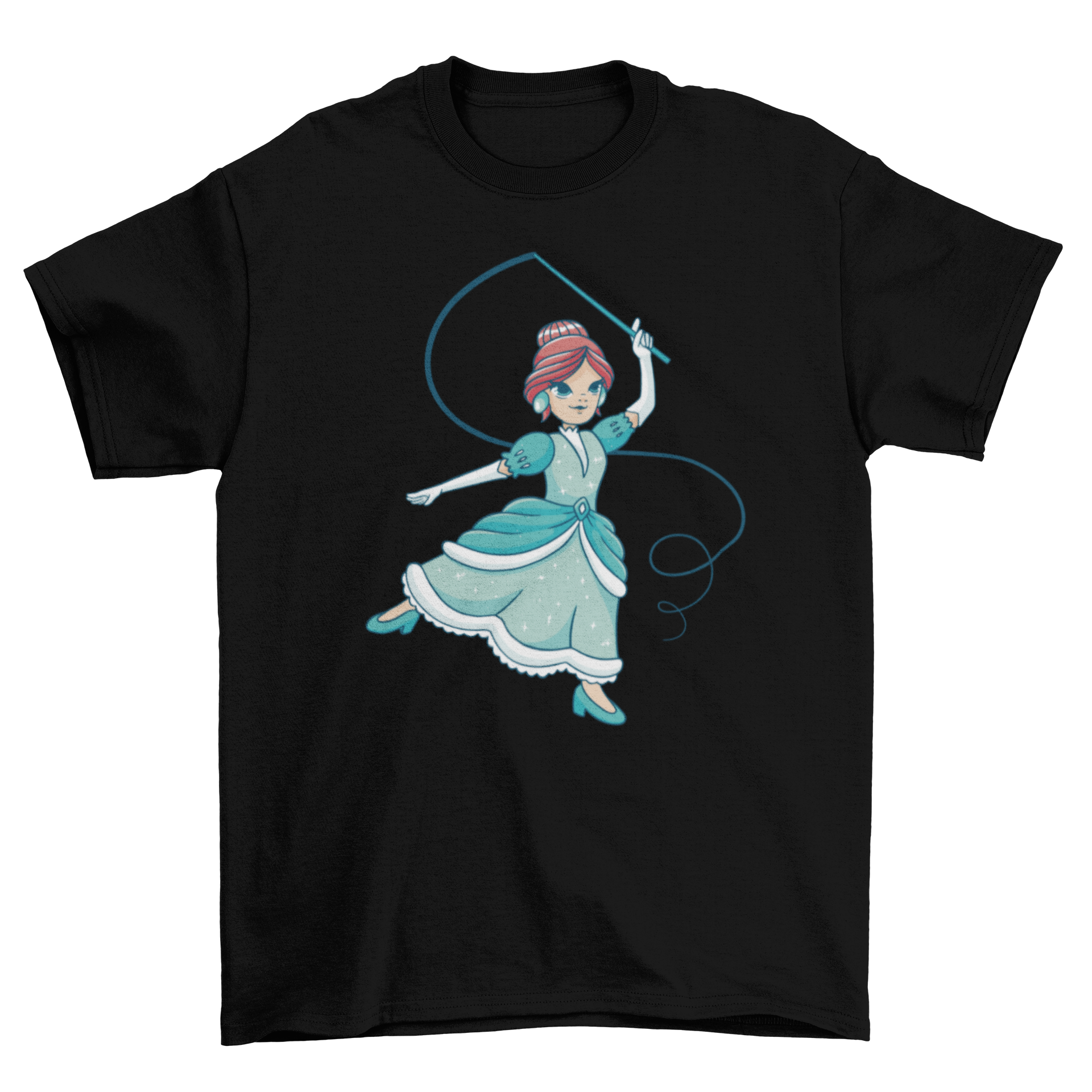 A colorful t-shirt featuring a cartoon princess dancing with a ribbon, perfect for kids.