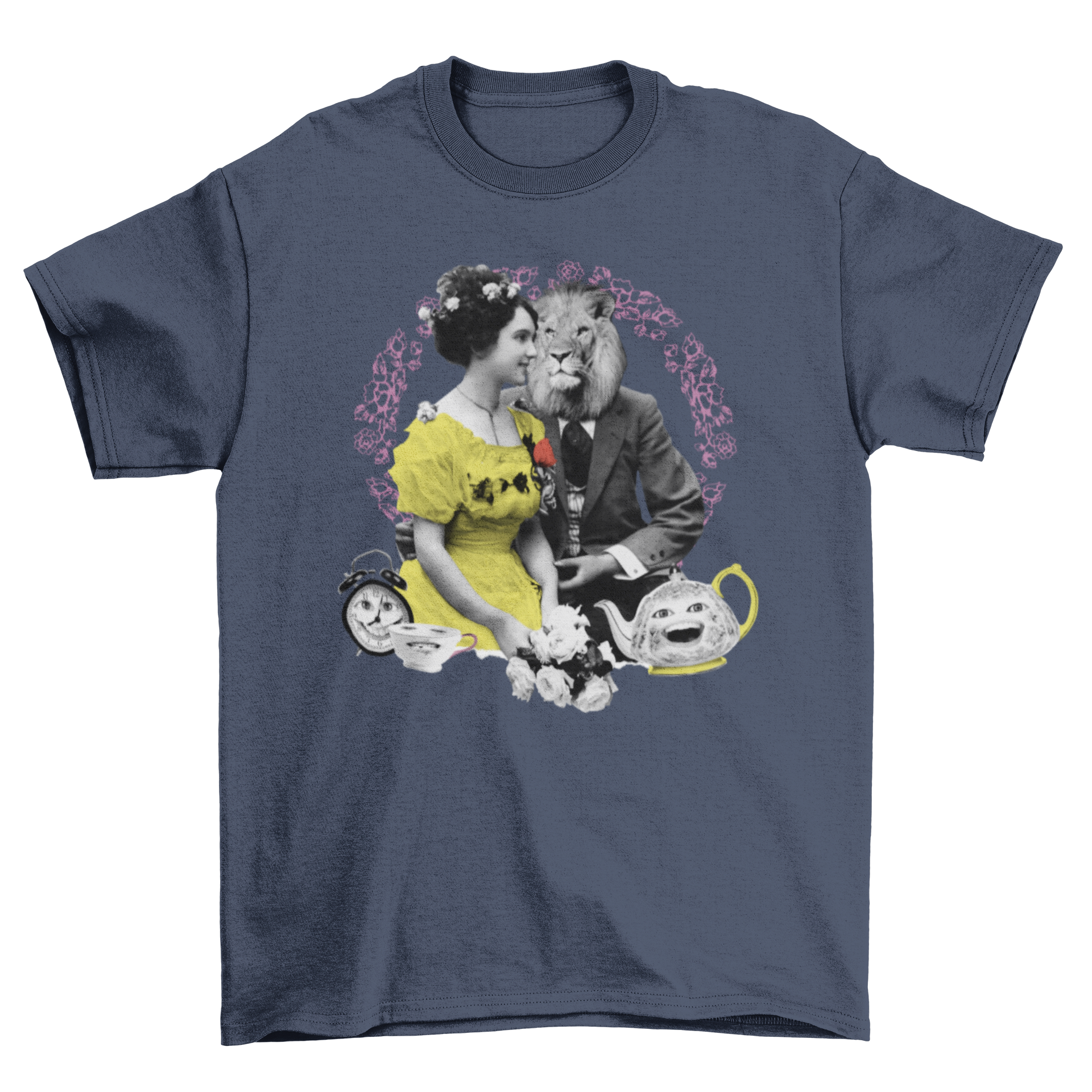 A vibrant t-shirt featuring a girl in a yellow dress and a lion in a suit, perfect for fantasy lovers.