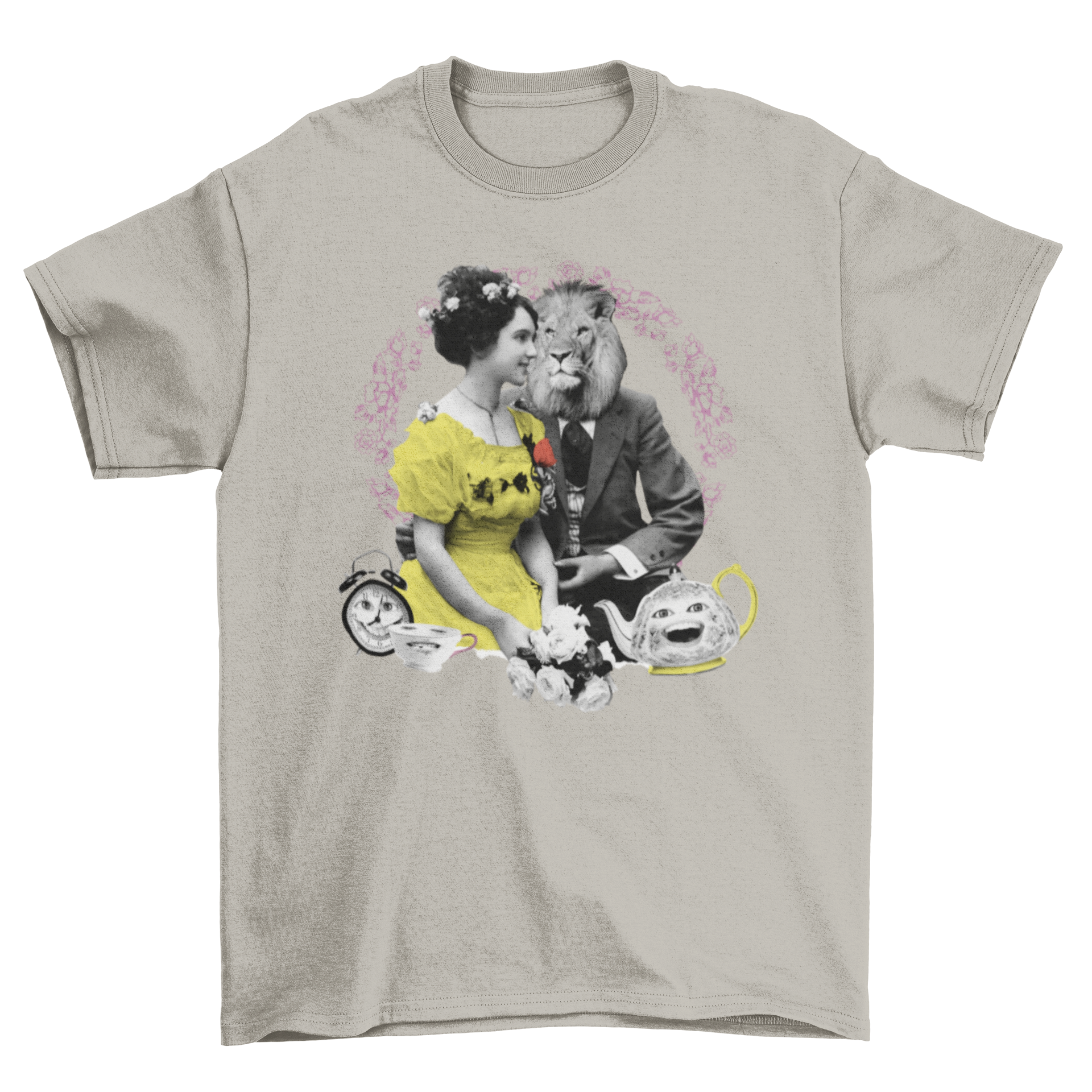 A vibrant t-shirt featuring a girl in a yellow dress and a lion in a suit, perfect for fantasy lovers.