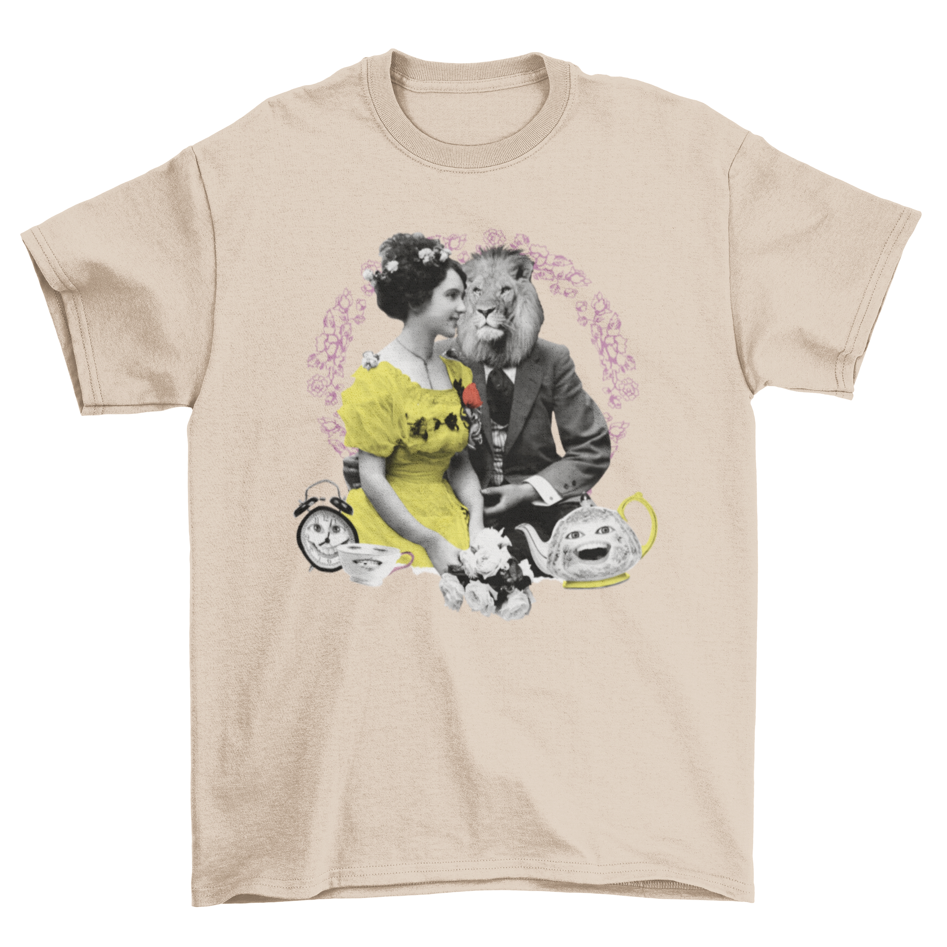 A vibrant t-shirt featuring a girl in a yellow dress and a lion in a suit, perfect for fantasy lovers.