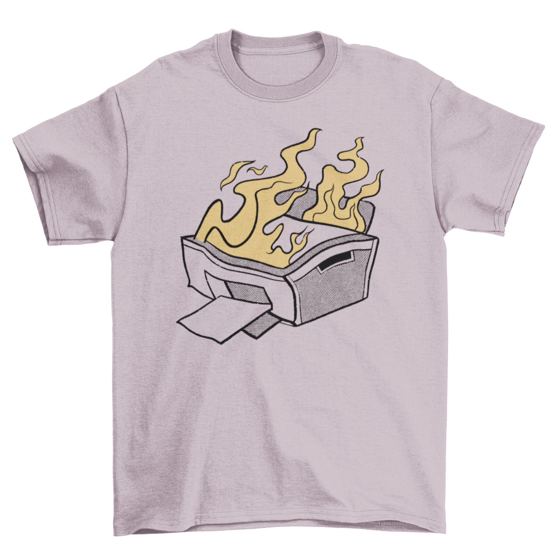 A humorous cartoon t-shirt featuring a printer on fire, showcasing vibrant colors and a playful design.