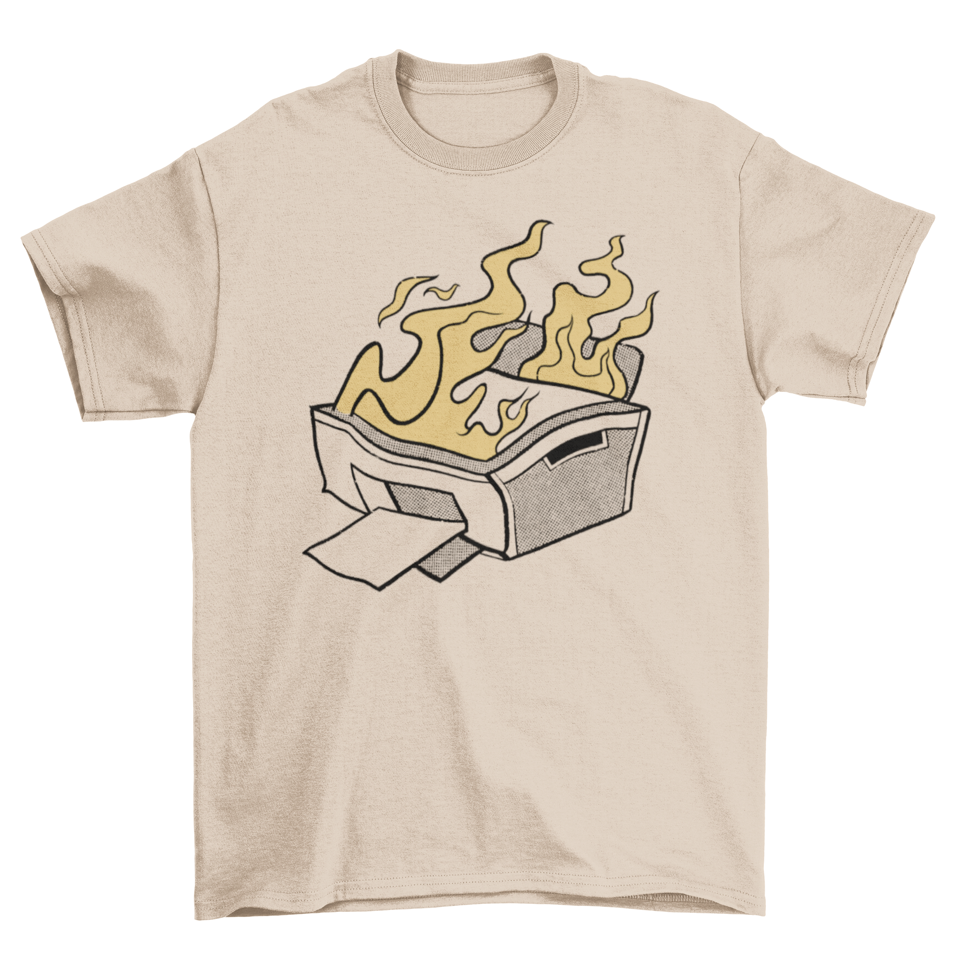 A humorous cartoon t-shirt featuring a printer on fire, showcasing vibrant colors and a playful design.