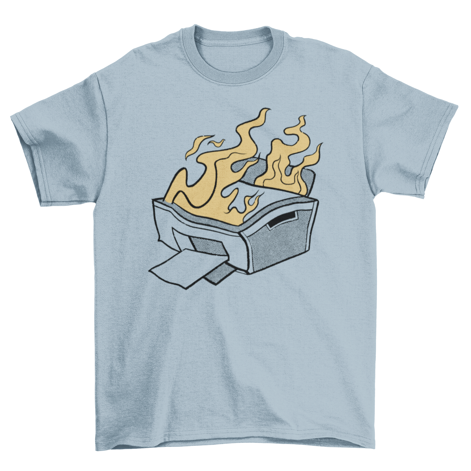 A humorous cartoon t-shirt featuring a printer on fire, showcasing vibrant colors and a playful design.