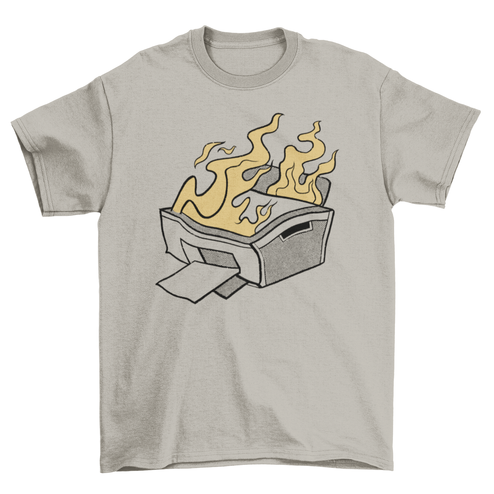 A humorous cartoon t-shirt featuring a printer on fire, showcasing vibrant colors and a playful design.