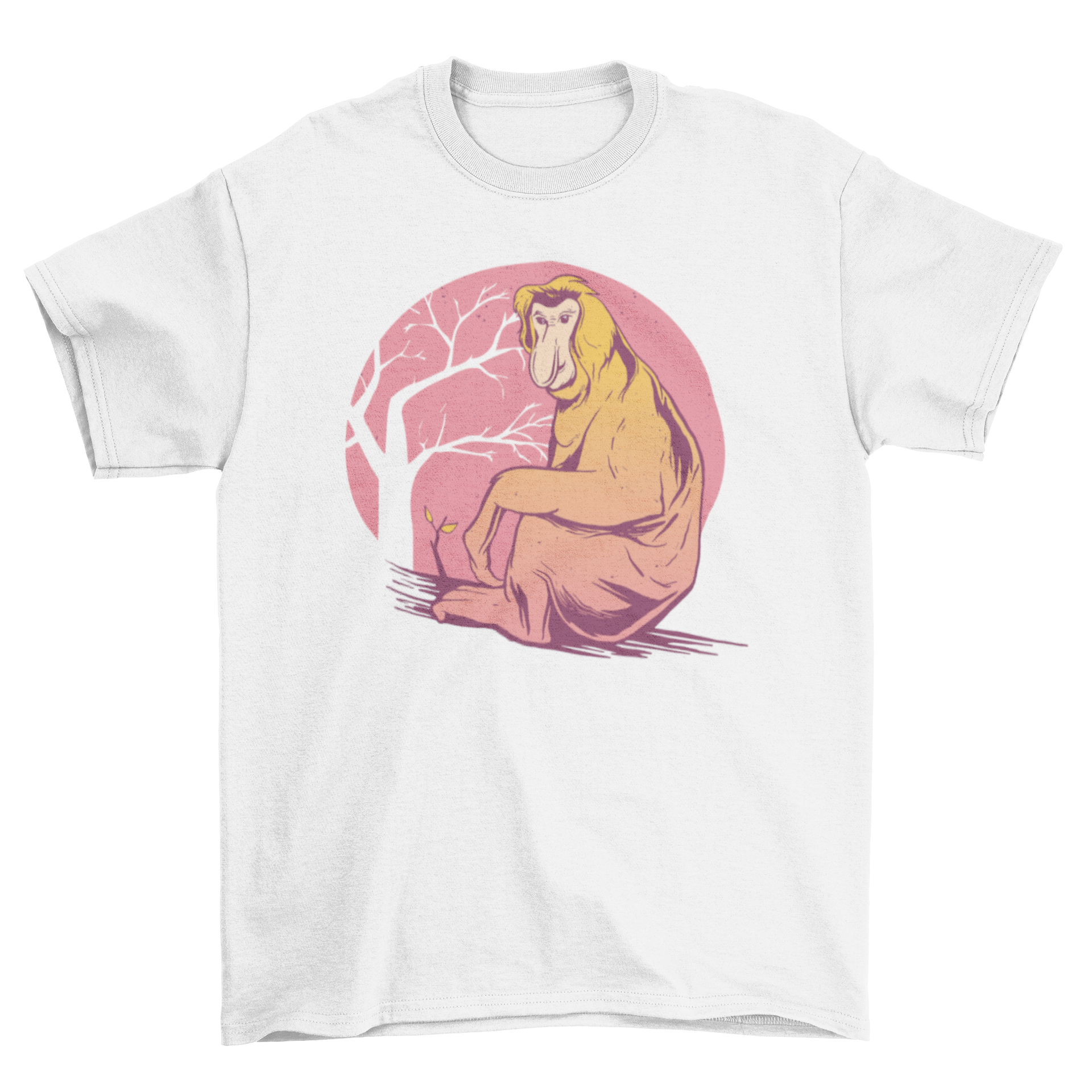 A stylish T-shirt featuring a detailed illustration of a Proboscis monkey, showcasing its unique facial features.