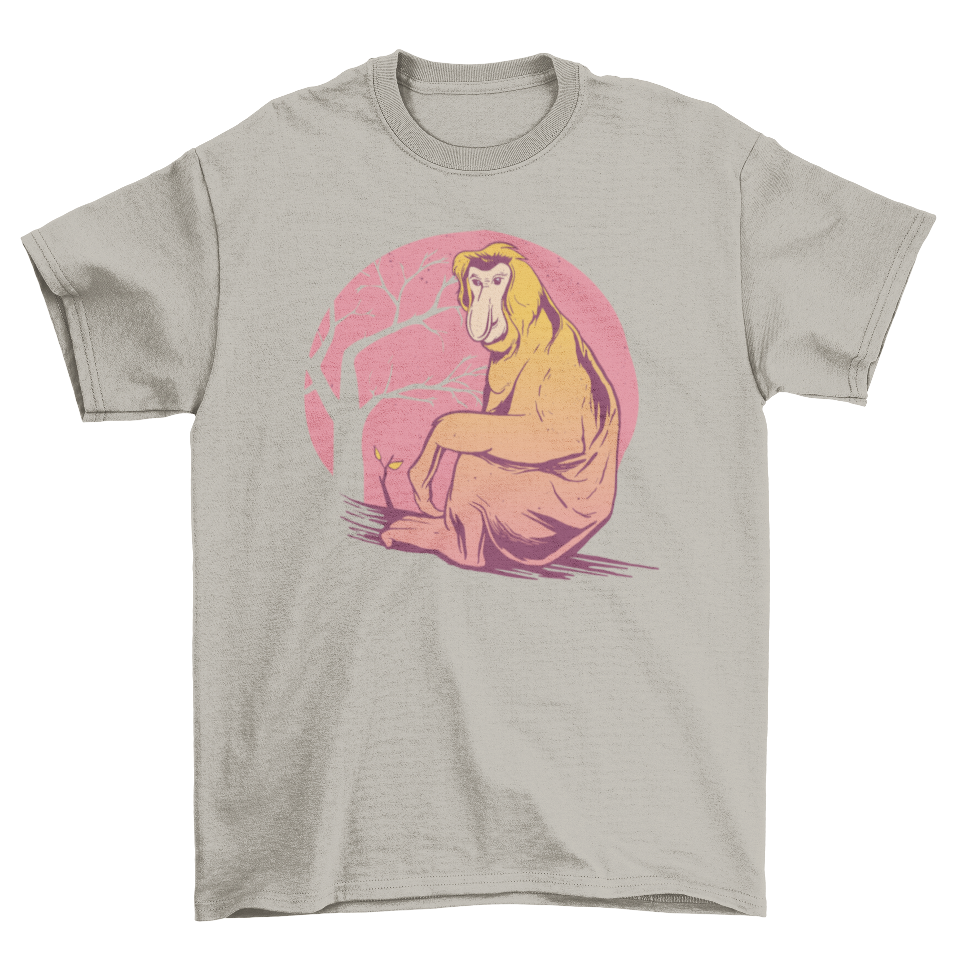 A stylish T-shirt featuring a detailed illustration of a Proboscis monkey, showcasing its unique facial features.