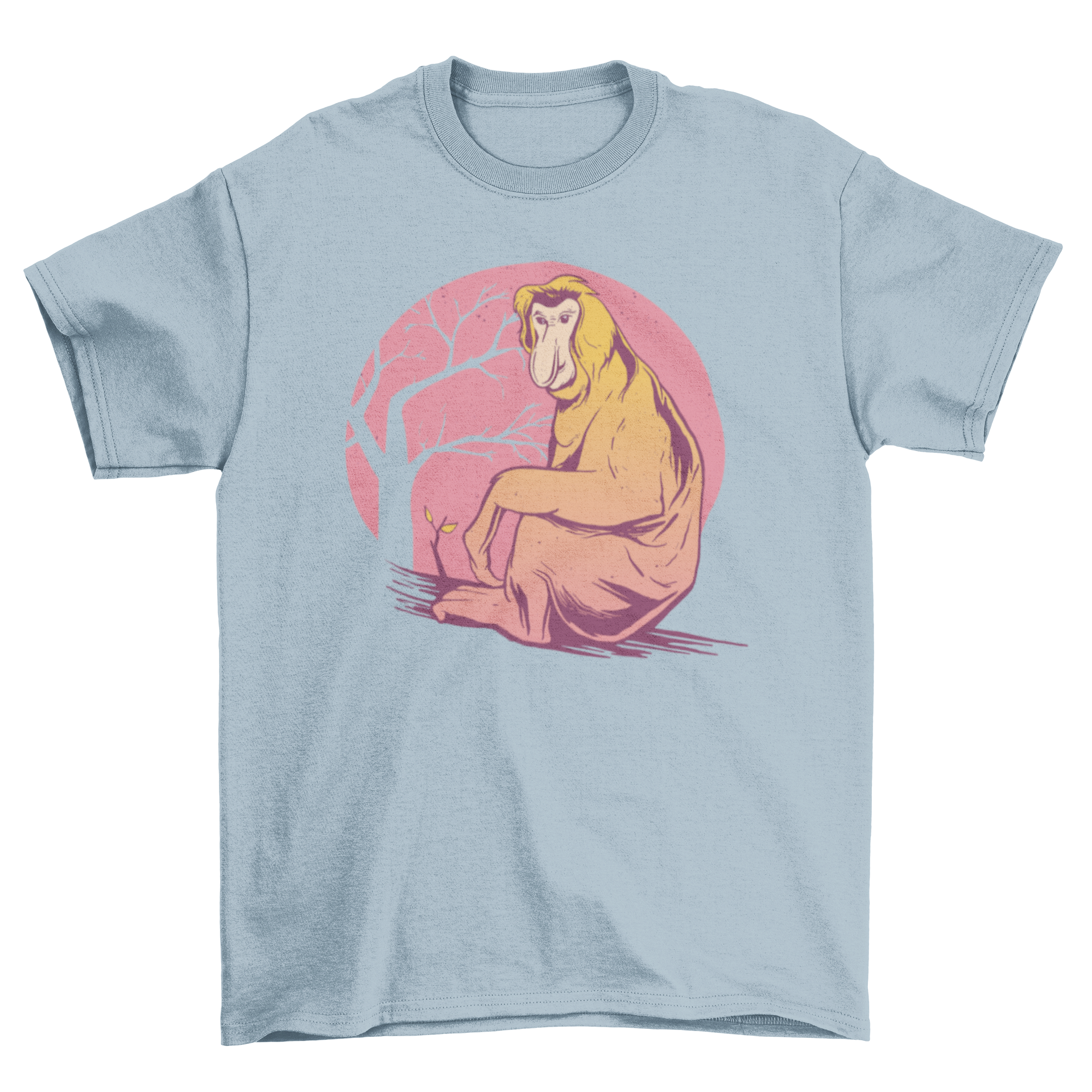 A stylish T-shirt featuring a detailed illustration of a Proboscis monkey, showcasing its unique facial features.