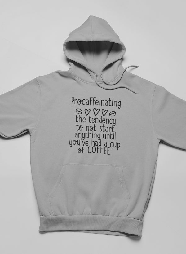 A cozy Procaffeinating Hoodie featuring unique artistic designs, made from a soft cotton/poly fleece blend, perfect for casual wear.
