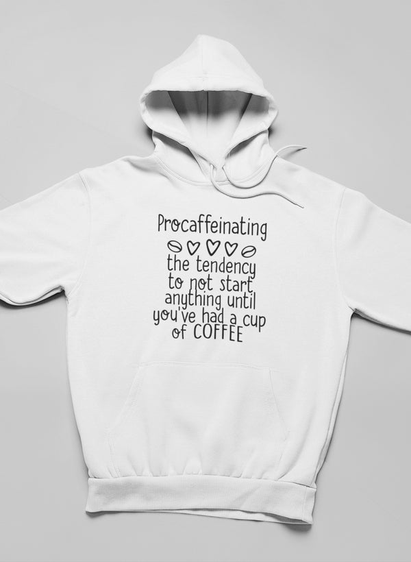 A cozy Procaffeinating Hoodie featuring unique artistic designs, made from a soft cotton/poly fleece blend, perfect for casual wear.
