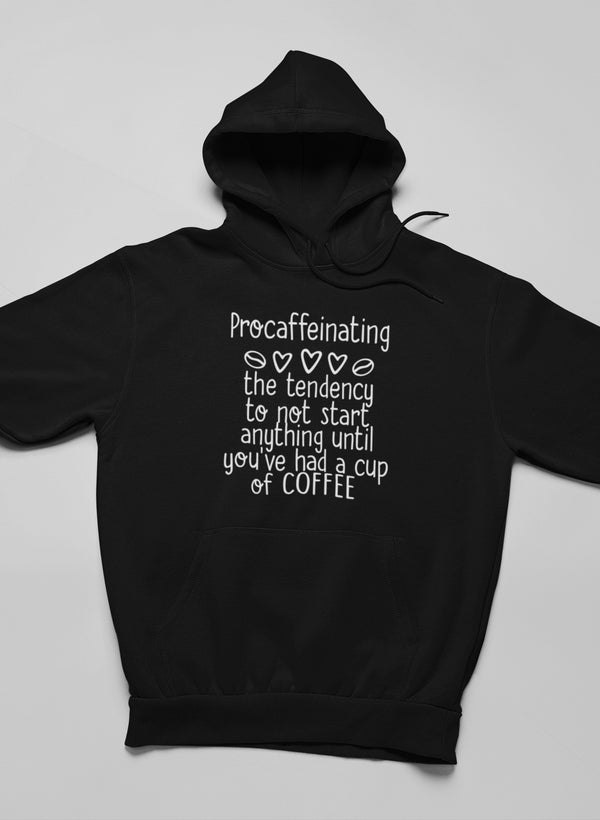 A cozy Procaffeinating Hoodie featuring unique artistic designs, made from a soft cotton/poly fleece blend, perfect for casual wear.