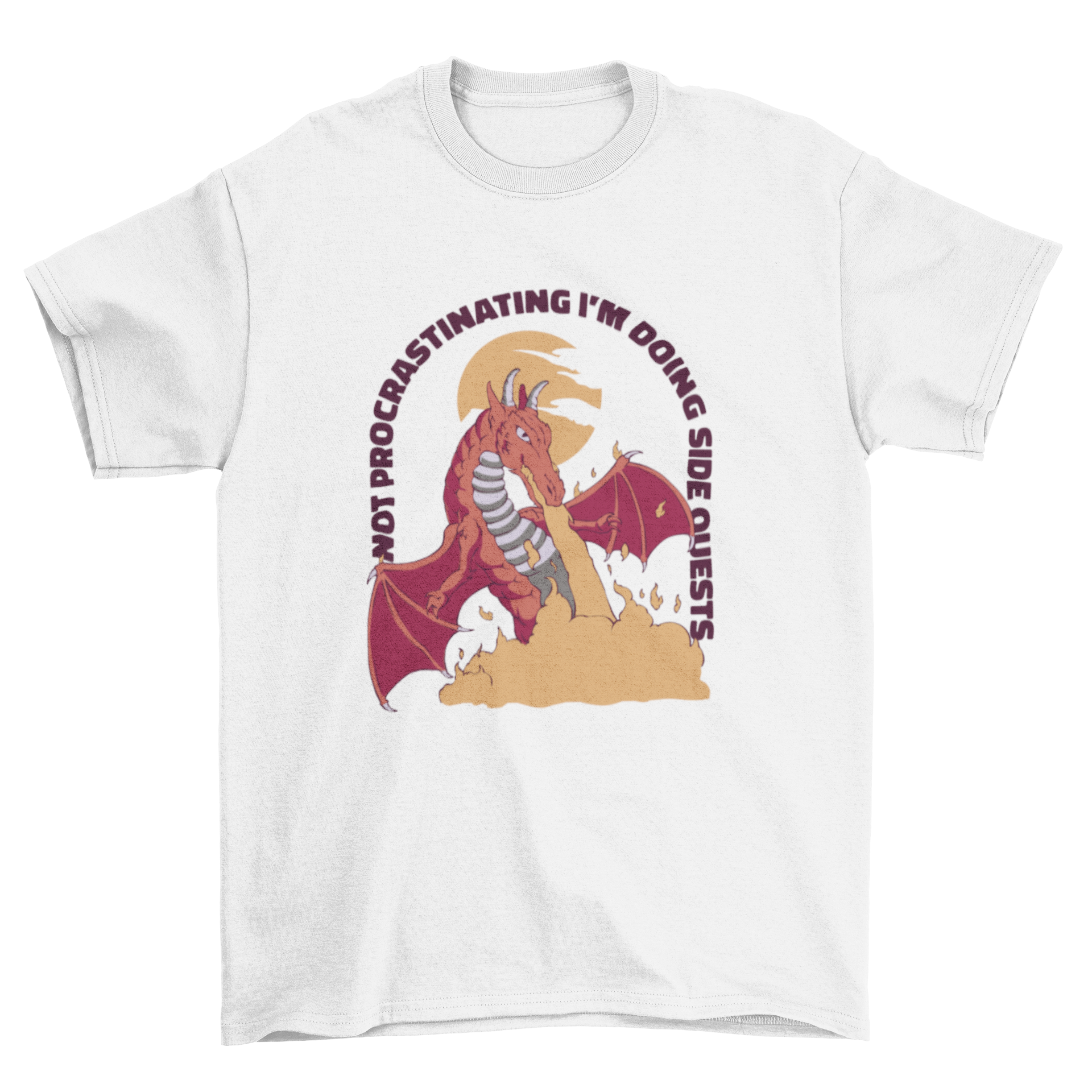 Procrastinating Dragon T-shirt featuring a colorful dragon and humorous quote about side quests.