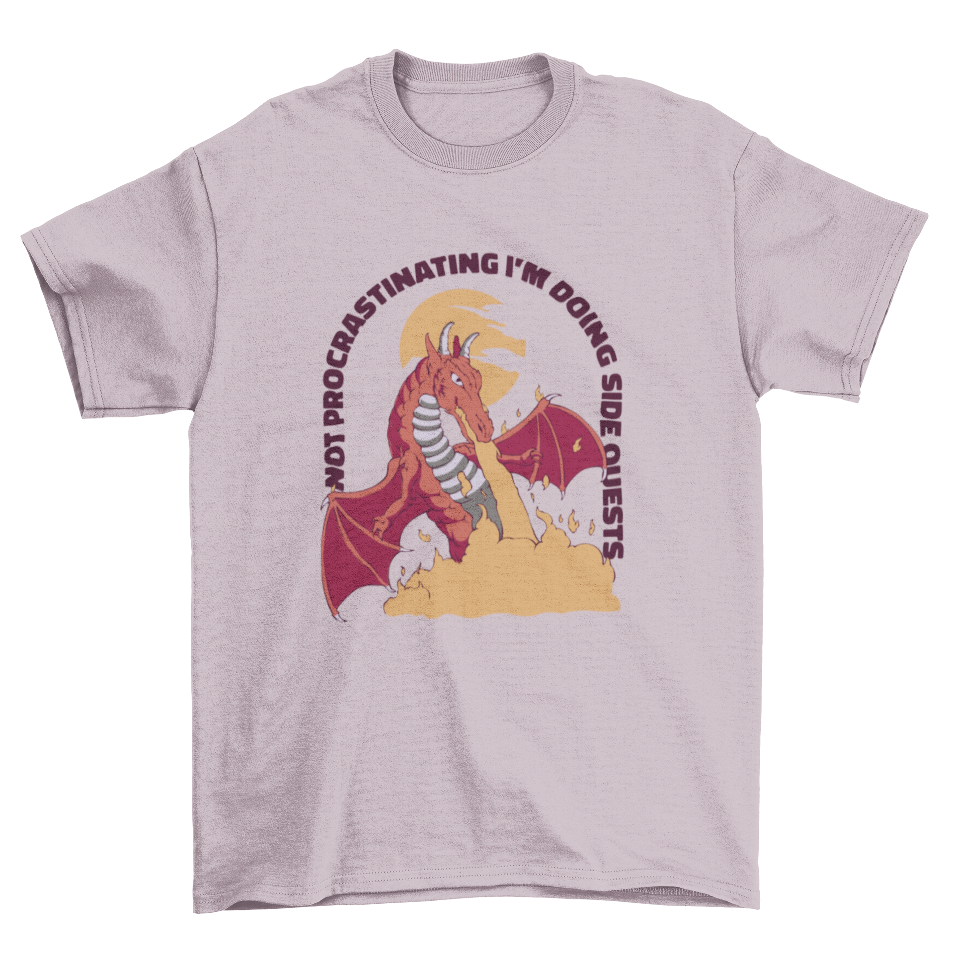Procrastinating Dragon T-shirt featuring a colorful dragon and humorous quote about side quests.