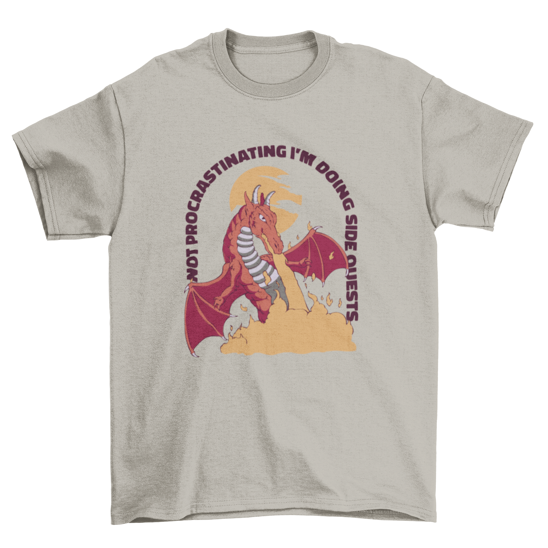 Procrastinating Dragon T-shirt featuring a colorful dragon and humorous quote about side quests.
