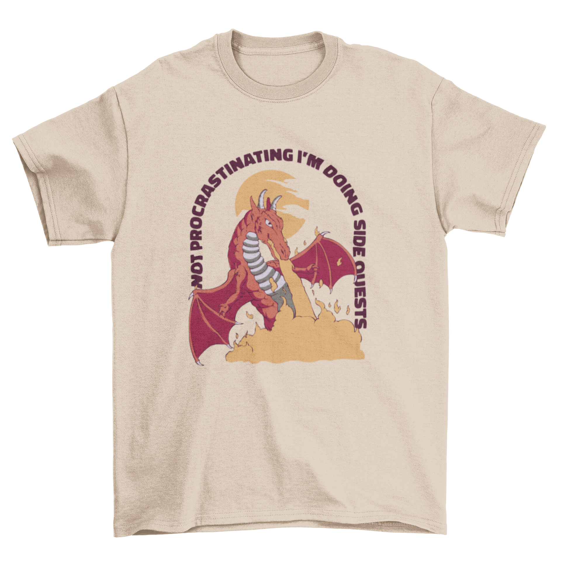Procrastinating Dragon T-shirt featuring a colorful dragon and humorous quote about side quests.