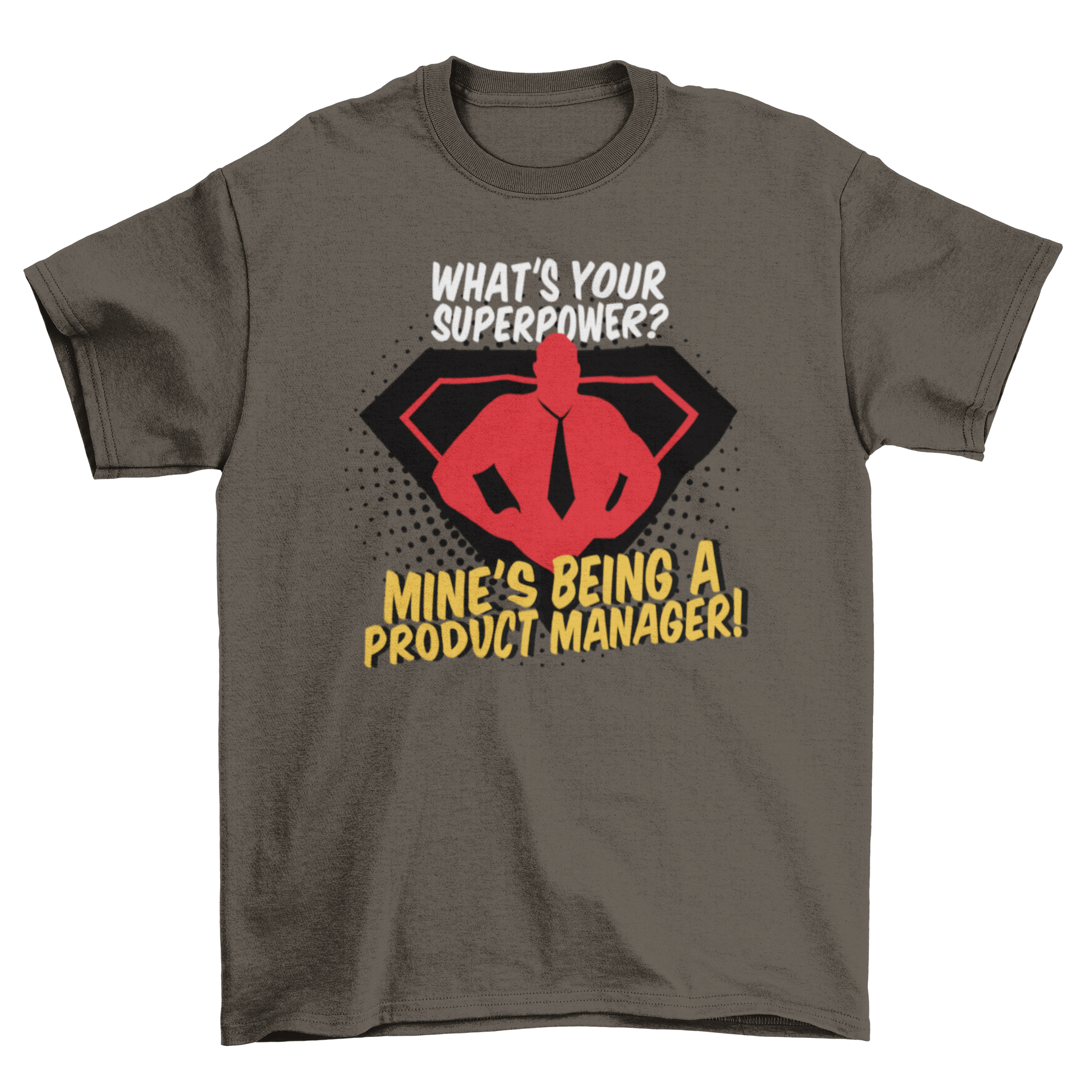 Brown t-shirt with superhero theme.
