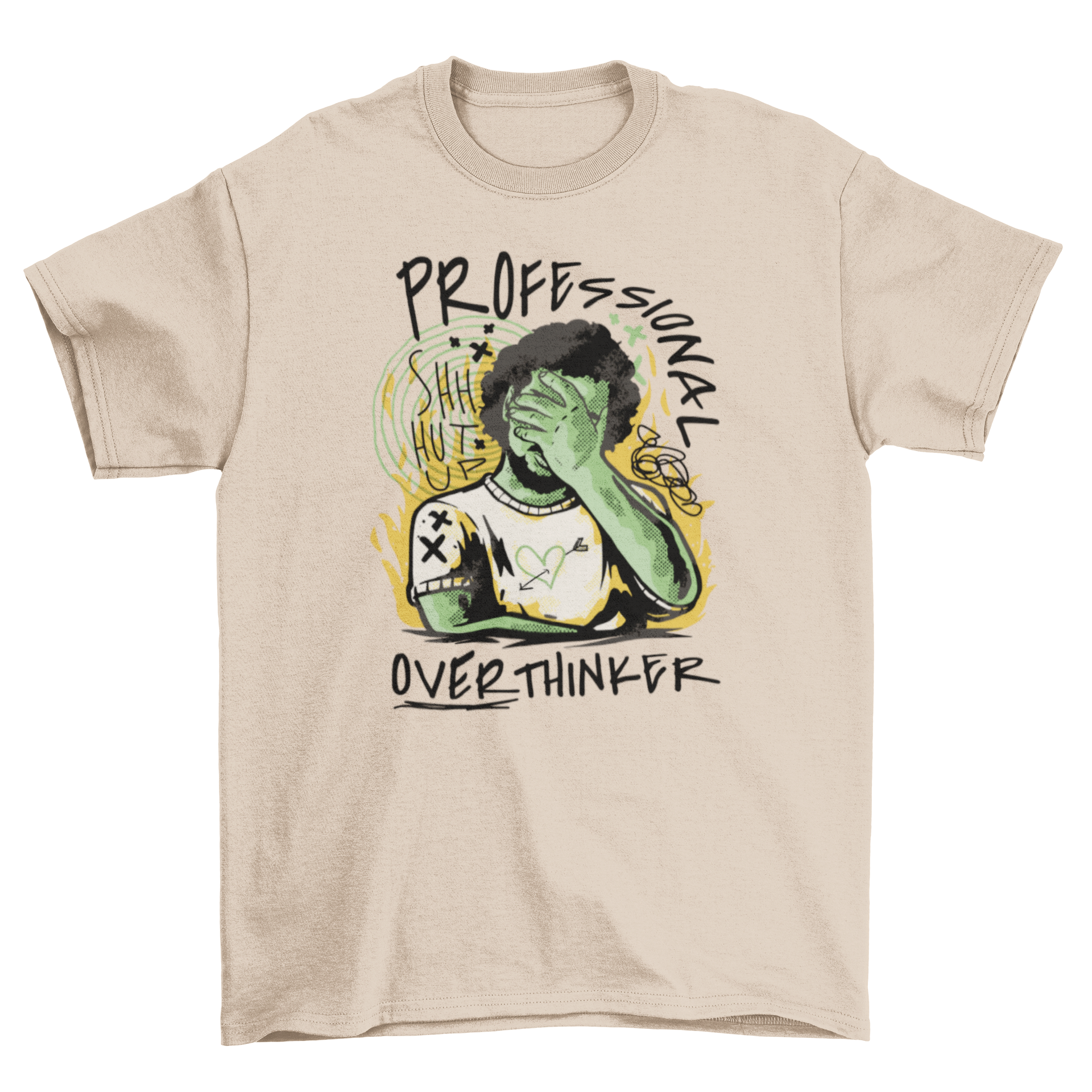 Professional Overthinker T-shirt featuring a man with doodles and the quote 'Professional Overthinker' in a stylish design.