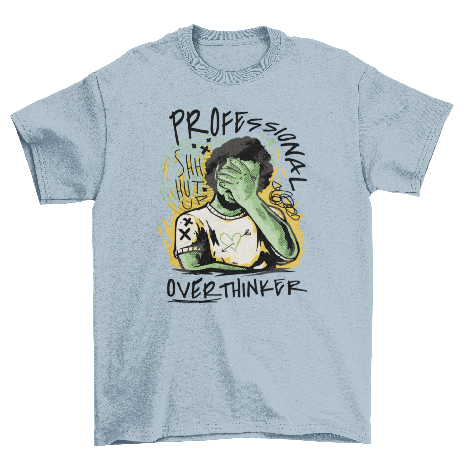 Professional Overthinker T-shirt featuring a man with doodles and the quote 'Professional Overthinker' in a stylish design.